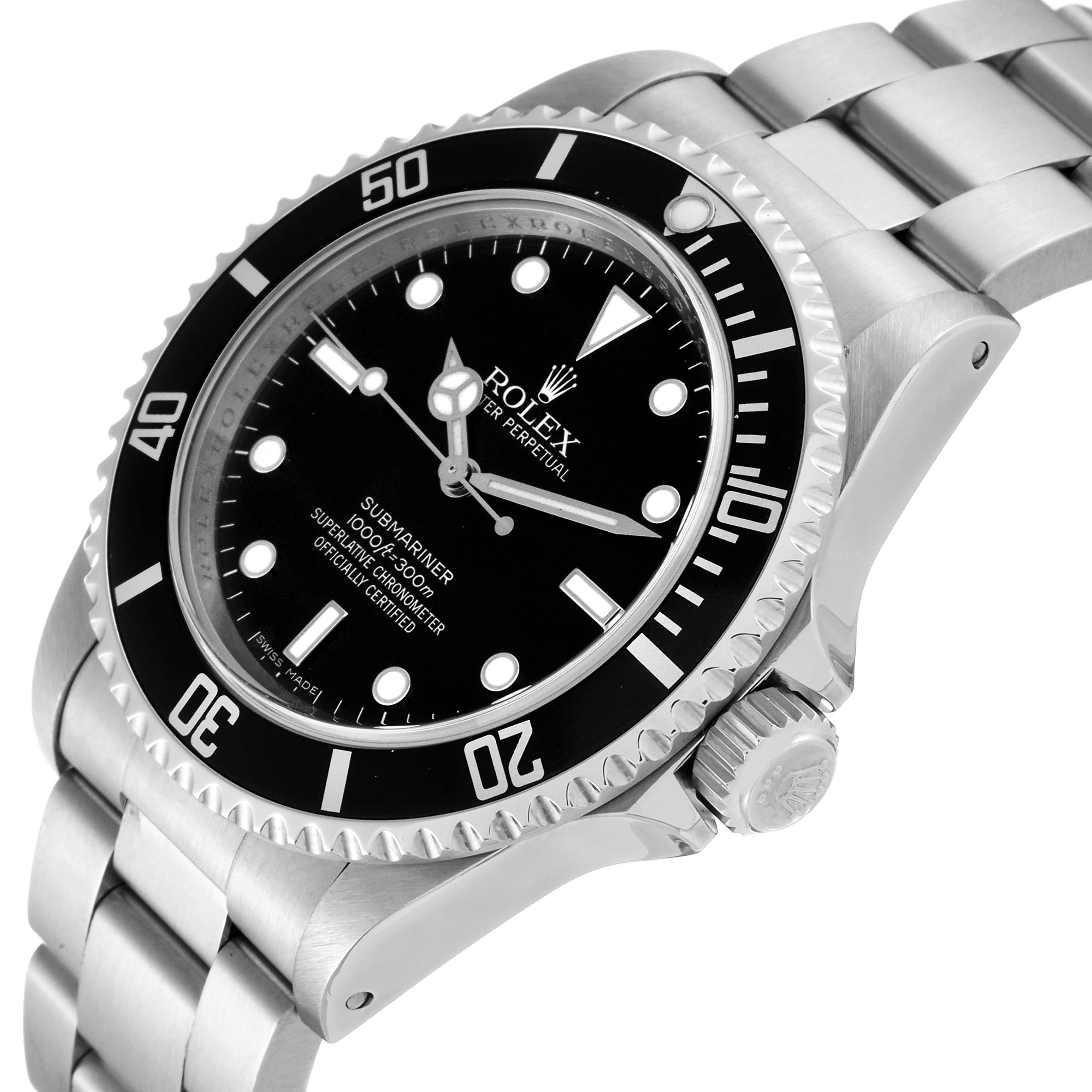 The image shows a stainless steel Rolex Submariner 14060 Men
s Stainless Steel Black Dial 14060 Men
s Stainless Steel Black Dial watch from an angled top view, highlighting its black dial, bezel, and oyster bracelet.