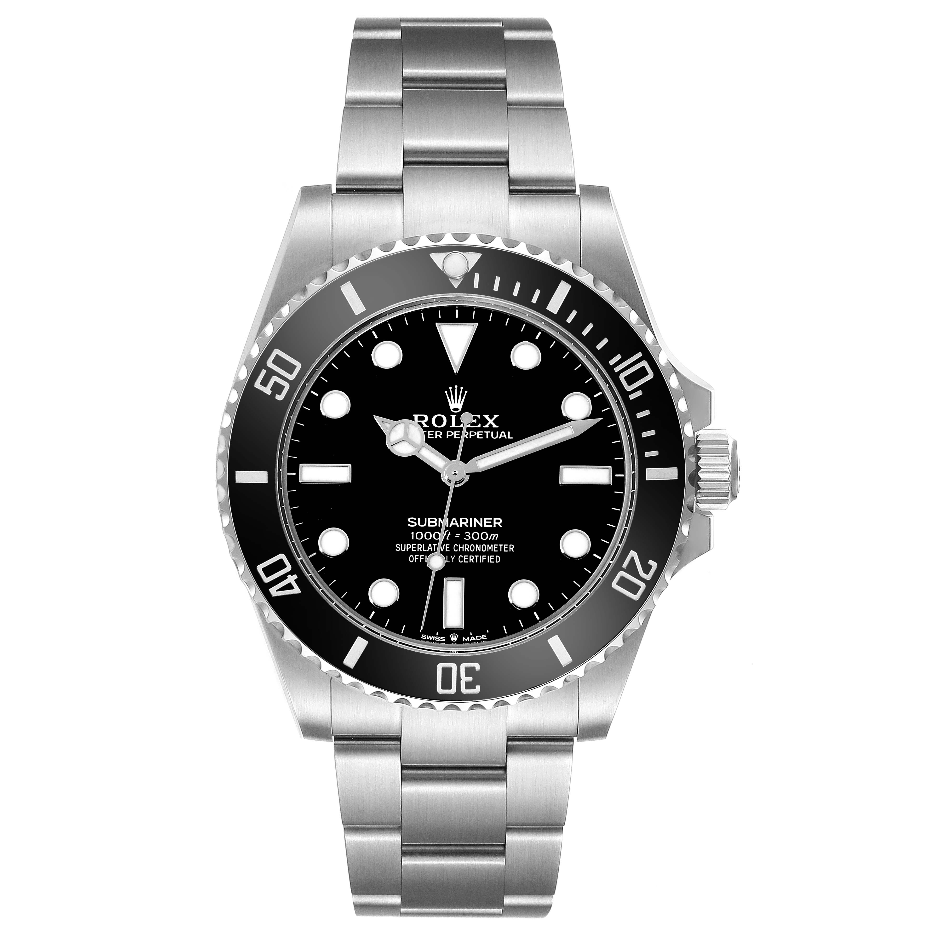 This image shows a front view of the Rolex Submariner 124060 Men
s Stainless Steel Black Dial 124060 Men
s Stainless Steel Black Dial watch, displaying its face, bezel, bracelet, and crown.