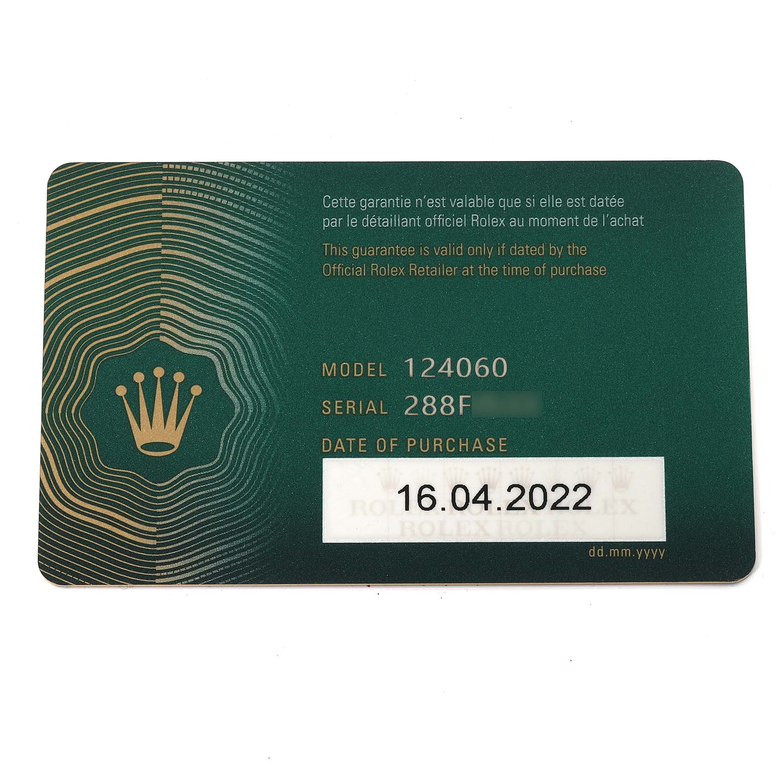 The image shows a warranty card for a Rolex Submariner 124060 Men
s Stainless Steel Black Dial 124060 Men
s Stainless Steel Black Dial model 124060 with a purchase date of 16.04.2022.