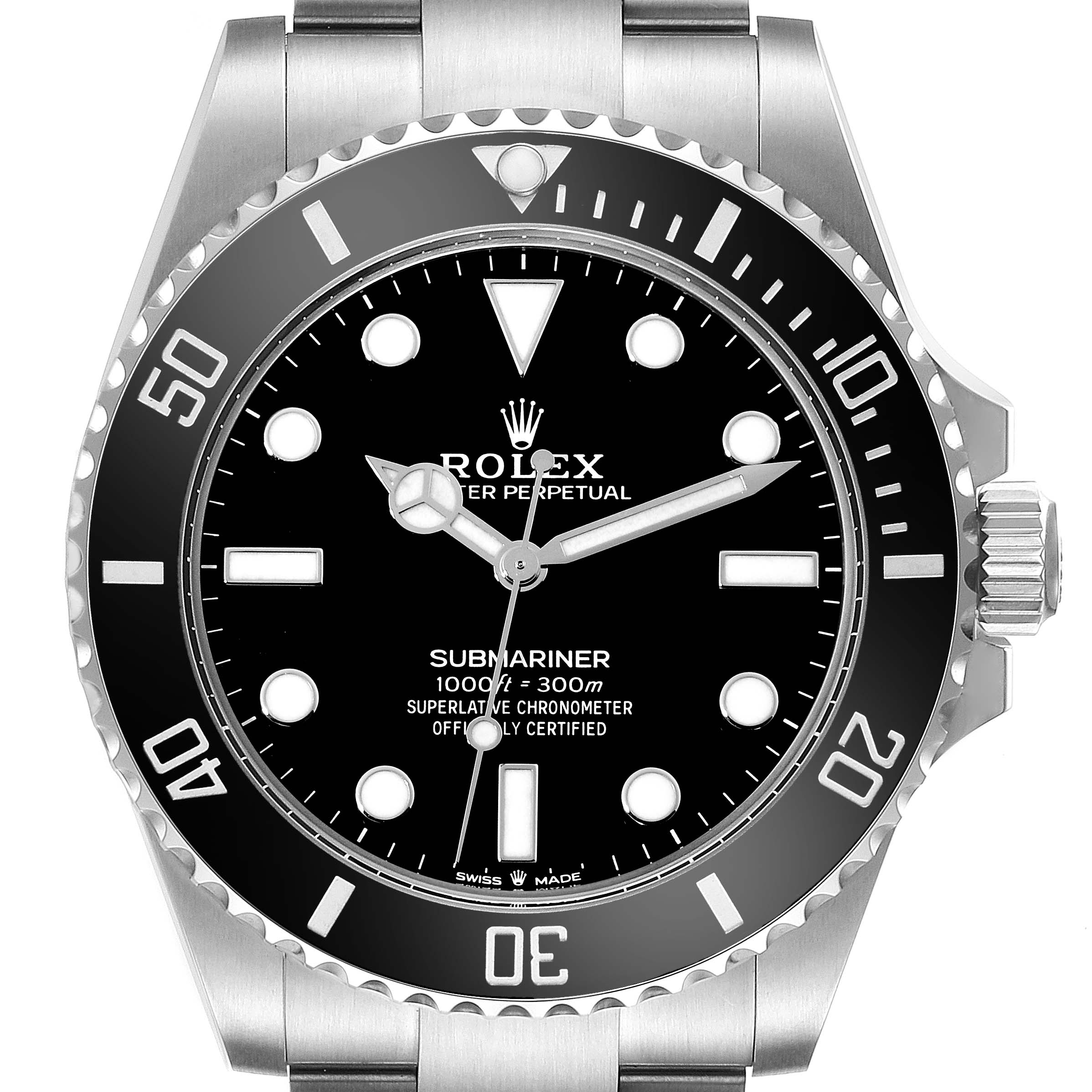 This image shows a front view of a Rolex Submariner 124060 Men
s Stainless Steel Black Dial 124060 Men
s Stainless Steel Black Dial watch, highlighting the dial, bezel, and crown.