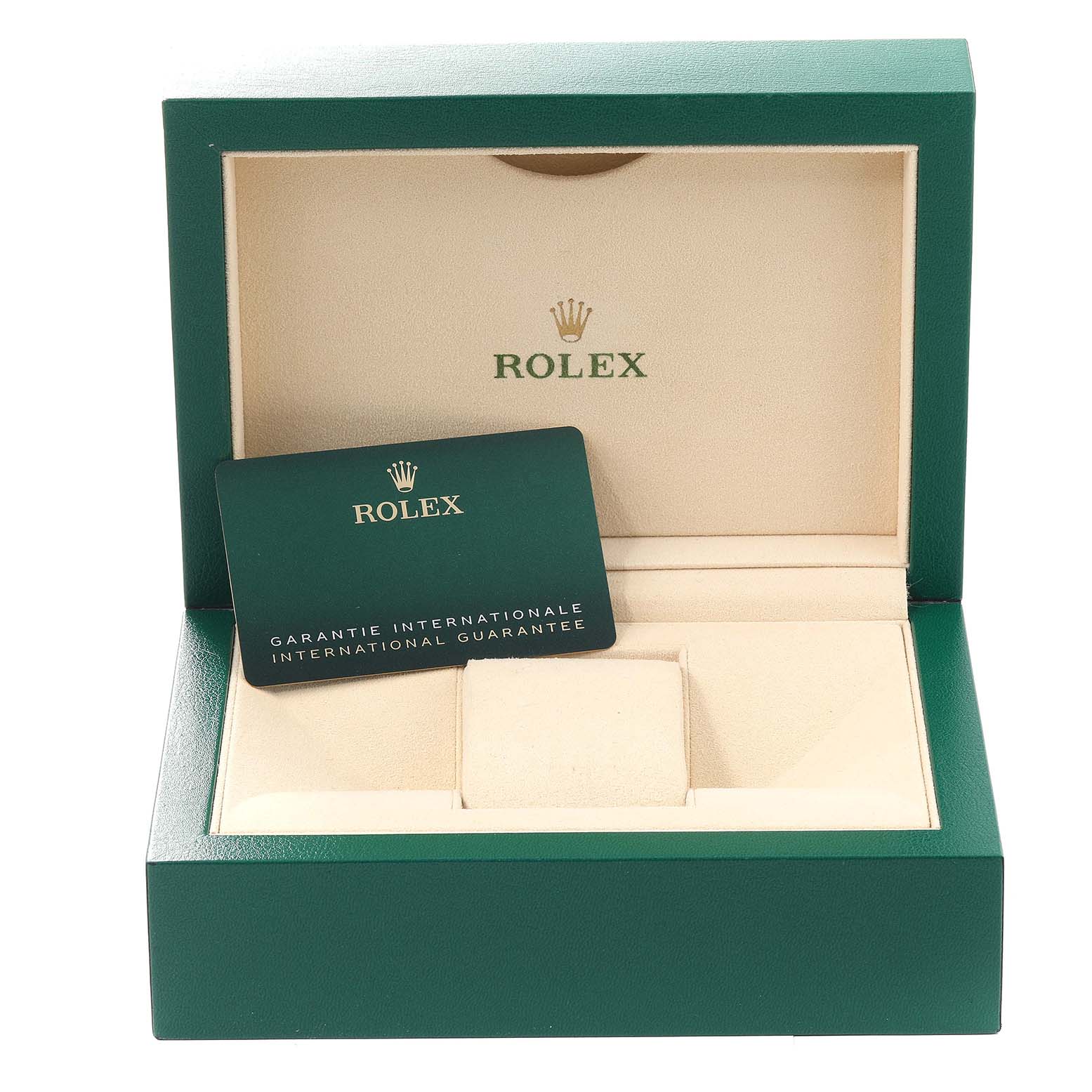 The image shows an open green Rolex Submariner 124060 Men
s Stainless Steel Black Dial 124060 Men
s Stainless Steel Black Dial watch box with an international guarantee card inside.