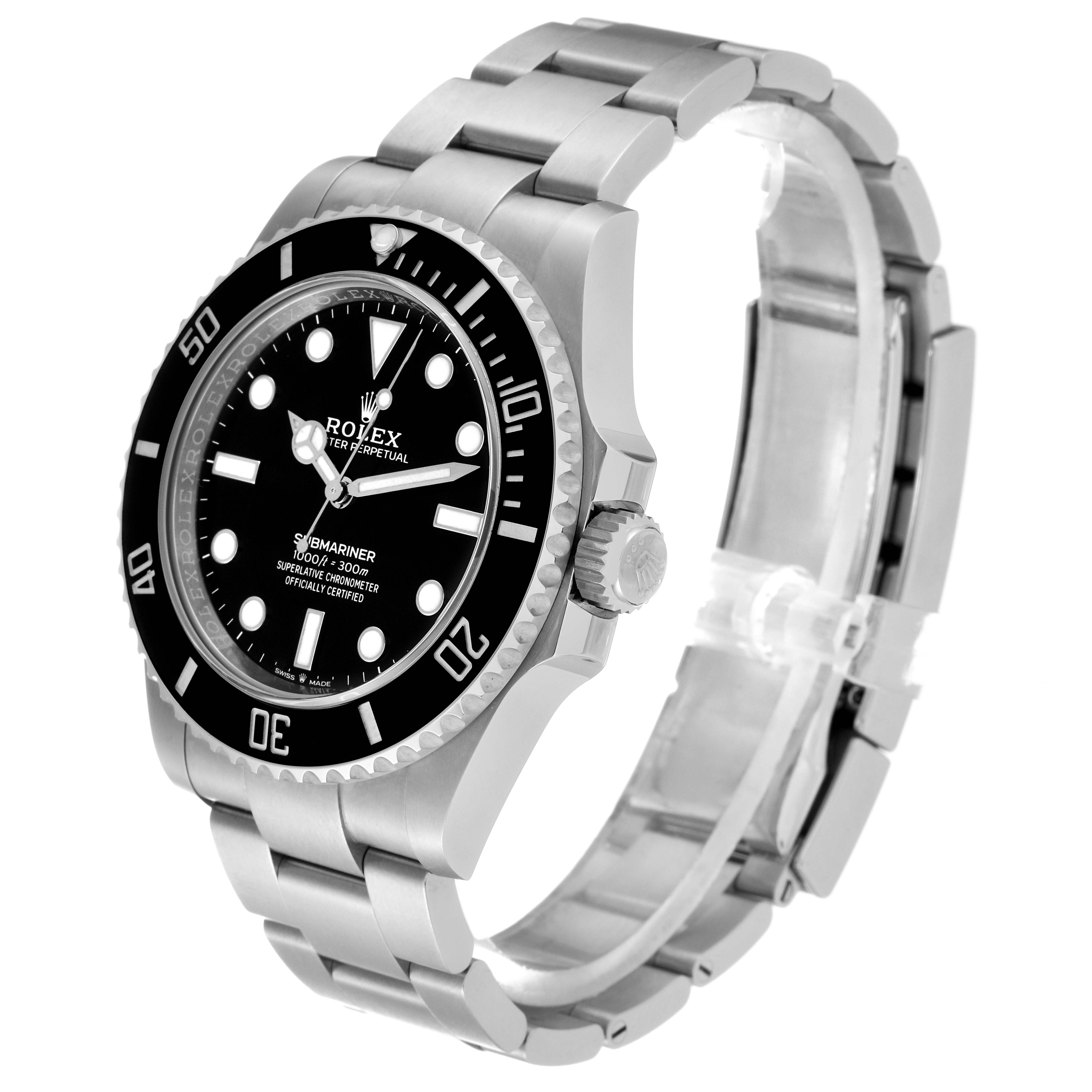 This image shows the front and right side of a Rolex Submariner 124060 Men
s Stainless Steel Black Dial 124060 Men
s Stainless Steel Black Dial watch, including the bezel, dial, crown, and bracelet.