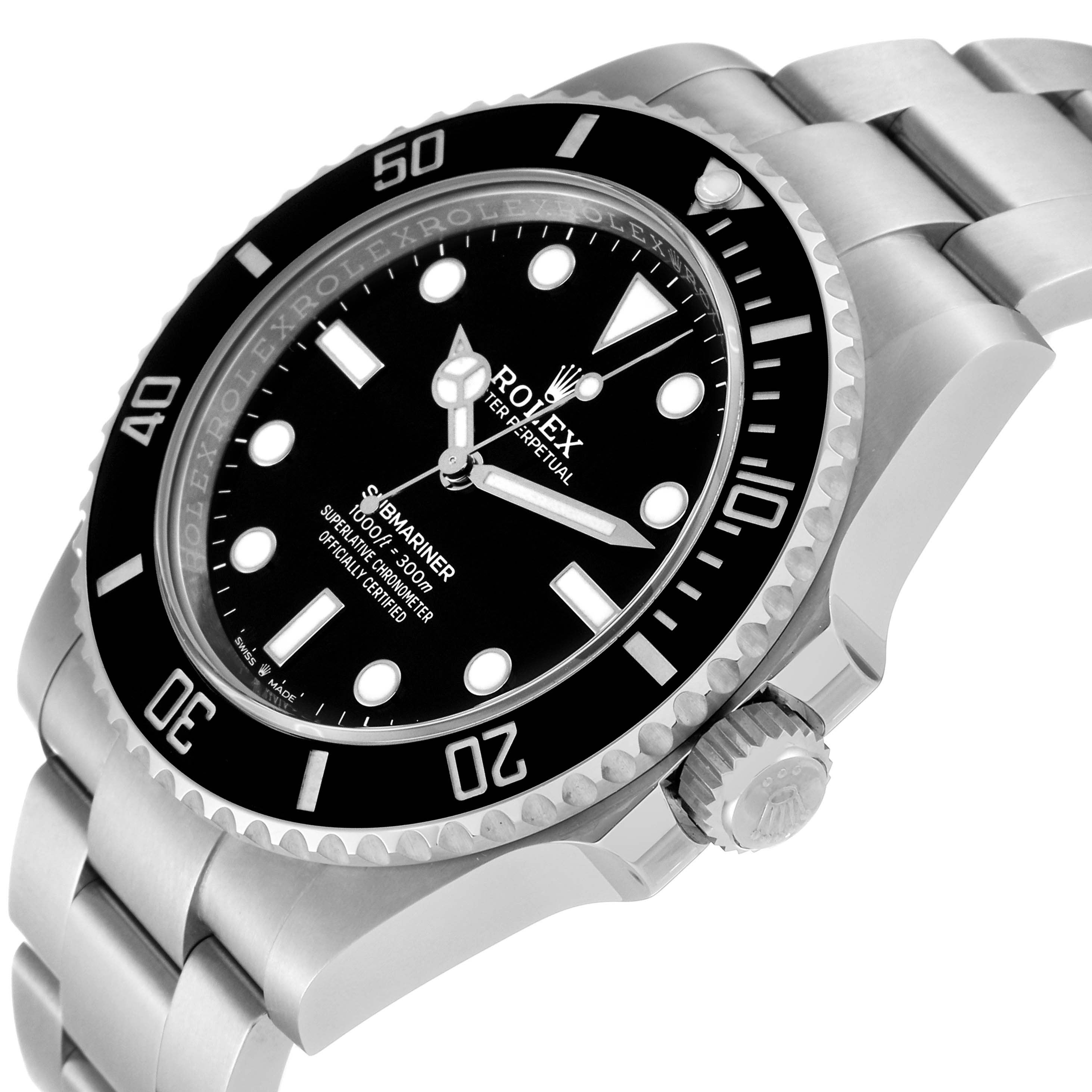 The image shows a close-up angle of the Rolex Submariner 124060 Men
s Stainless Steel Black Dial 124060 Men
s Stainless Steel Black Dial watch, highlighting its face, bezel, and part of the bracelet.