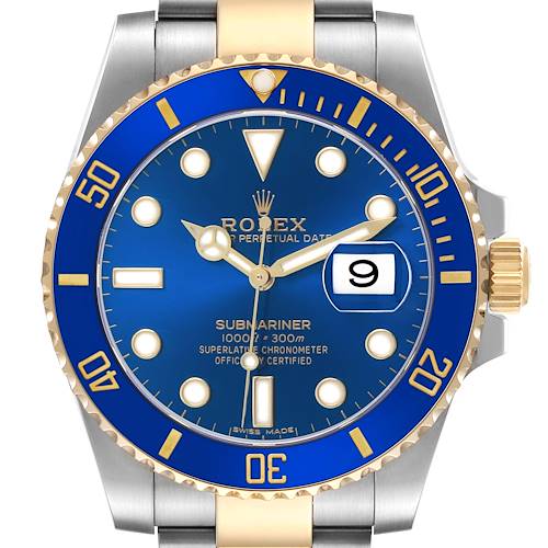 The image shows a front view of a Rolex Submariner 116613 Men's Steel and Gold (two tone) Blue Dial watch, highlighting its blue dial, bezel, and date window.