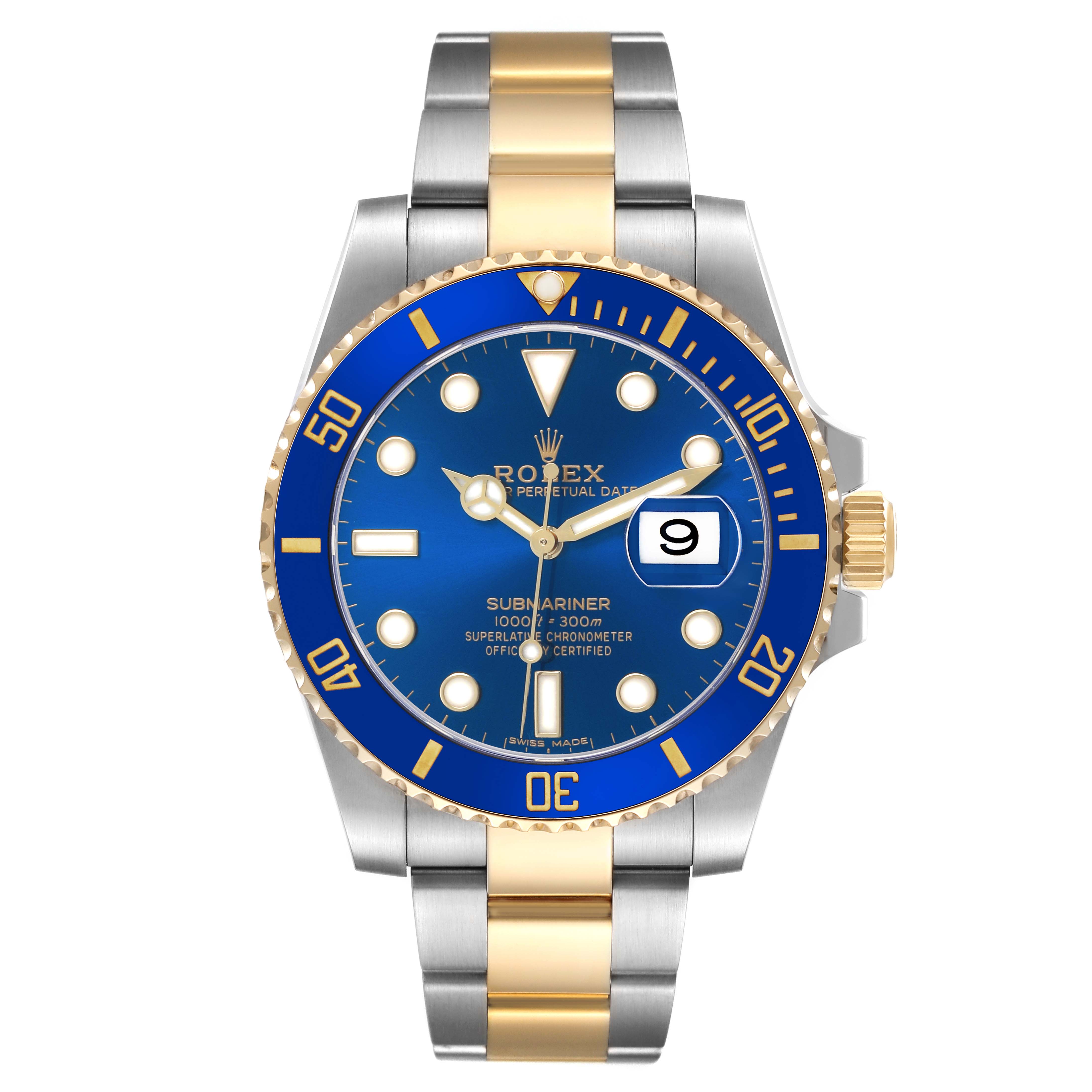 The Rolex Submariner 116613 Men's Steel and Gold (two tone) Blue Dial watch is shown from the front, highlighting the blue dial, bezel, and two-tone bracelet.
