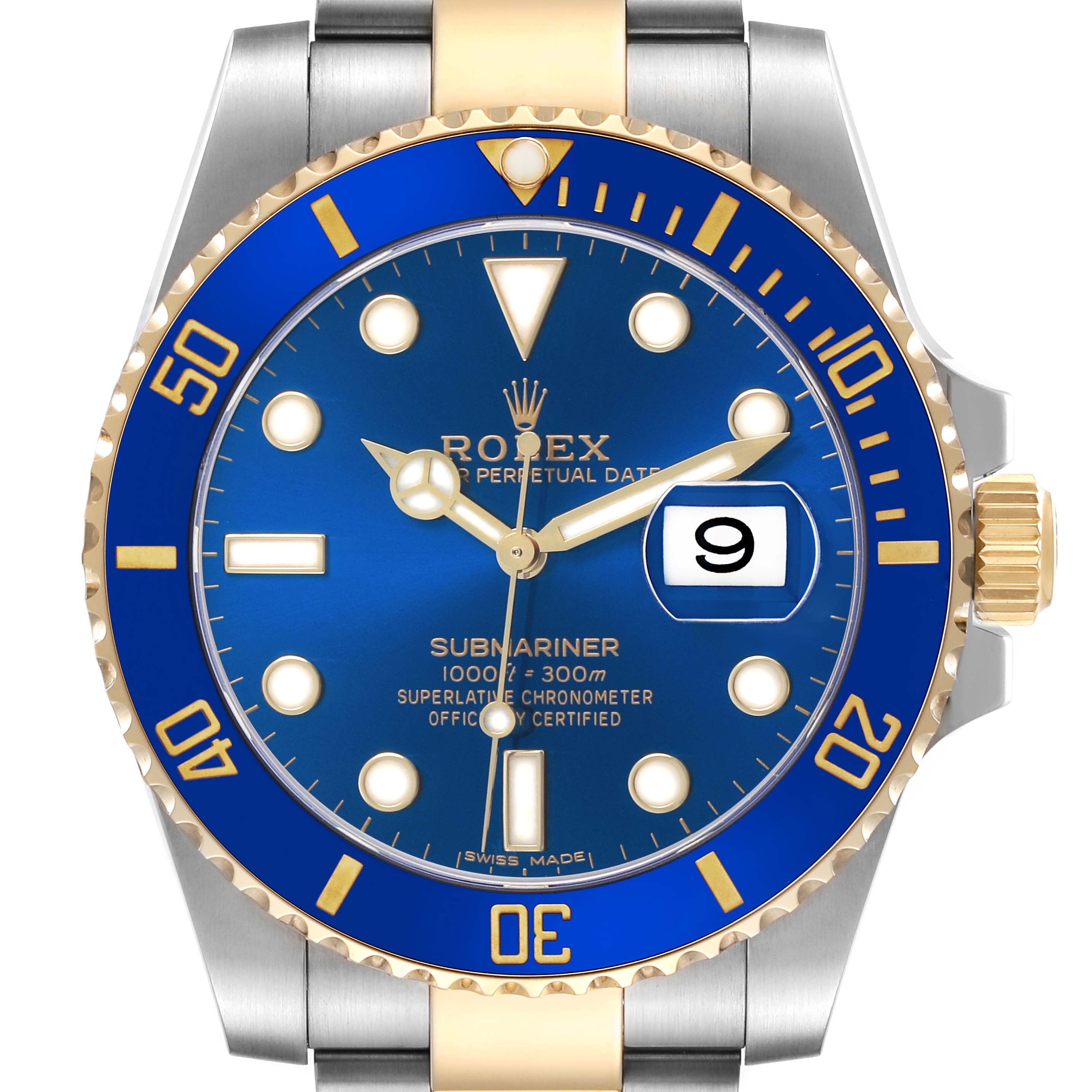 The image shows a frontal view of a Rolex Submariner 116613 Men's Steel and Gold (two tone) Blue Dial watch, highlighting its blue dial, gold-and-steel bezel, and date window.