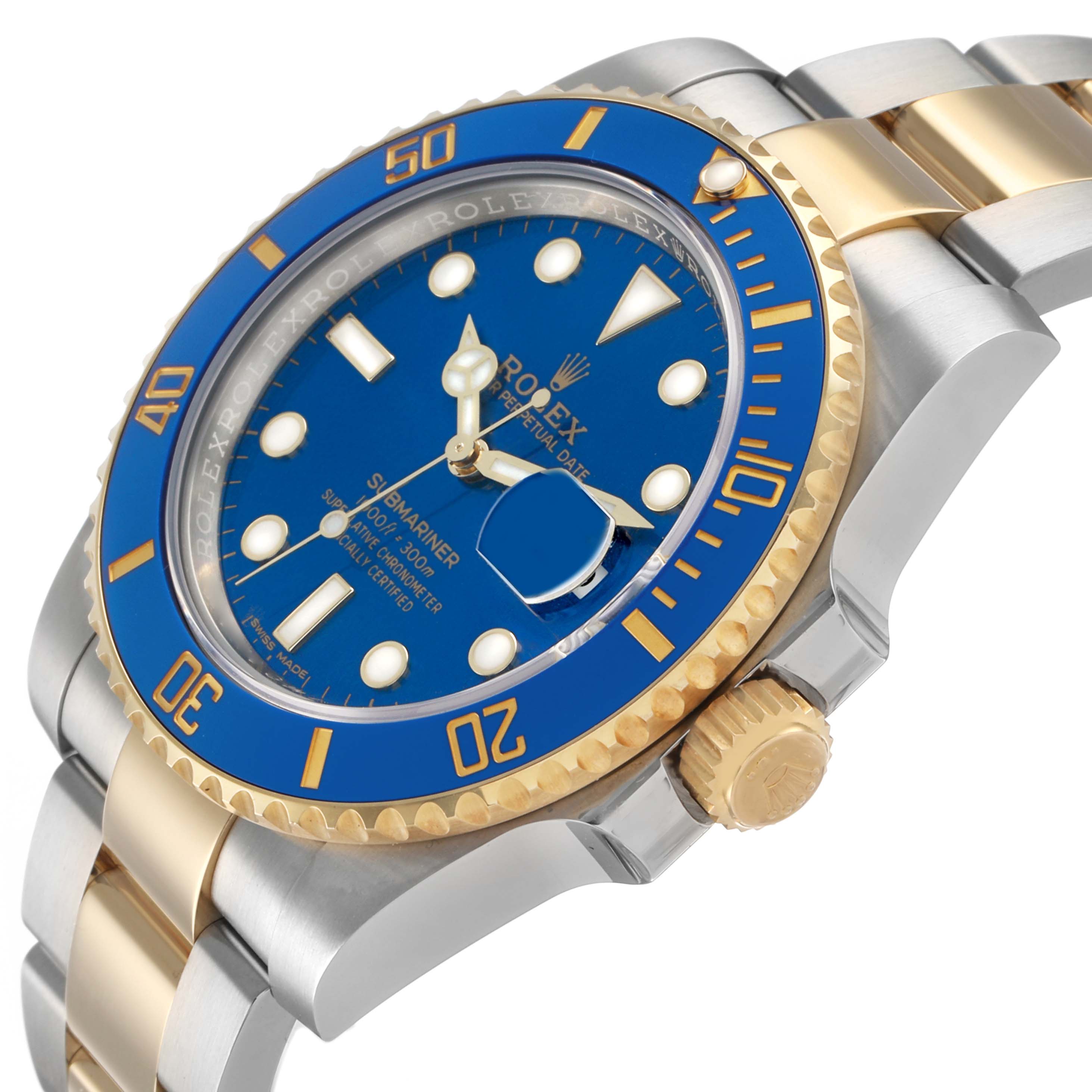 The Rolex Submariner 116613 Men's Steel and Gold (two tone) Blue Dial is shown at a tilted side angle, highlighting the blue dial, gold bezel, and two-tone bracelet.