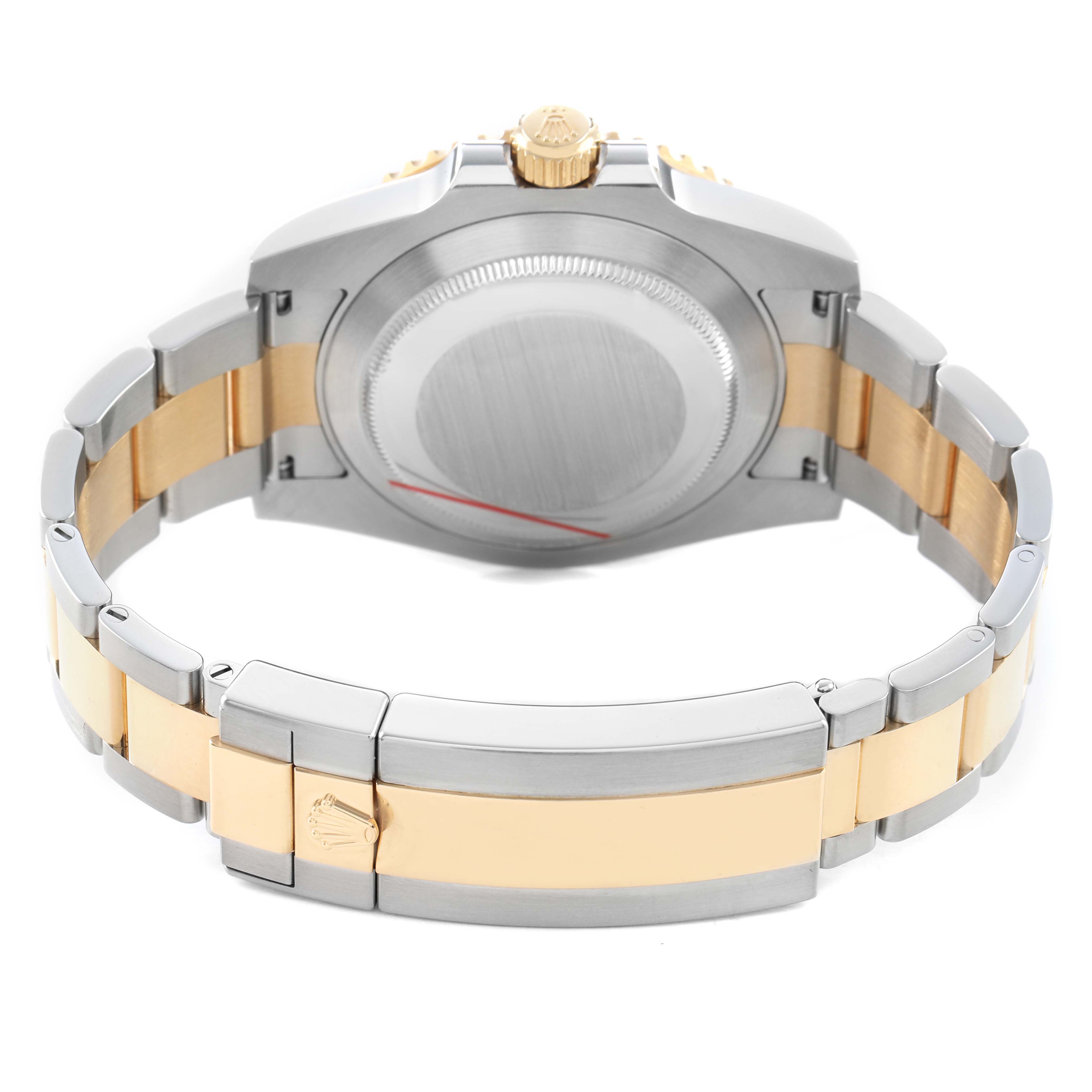 The image shows the back view of a Rolex Submariner 116613 Men's Steel and Gold (two tone) Blue Dial with its case back, bracelet, and clasp visible.