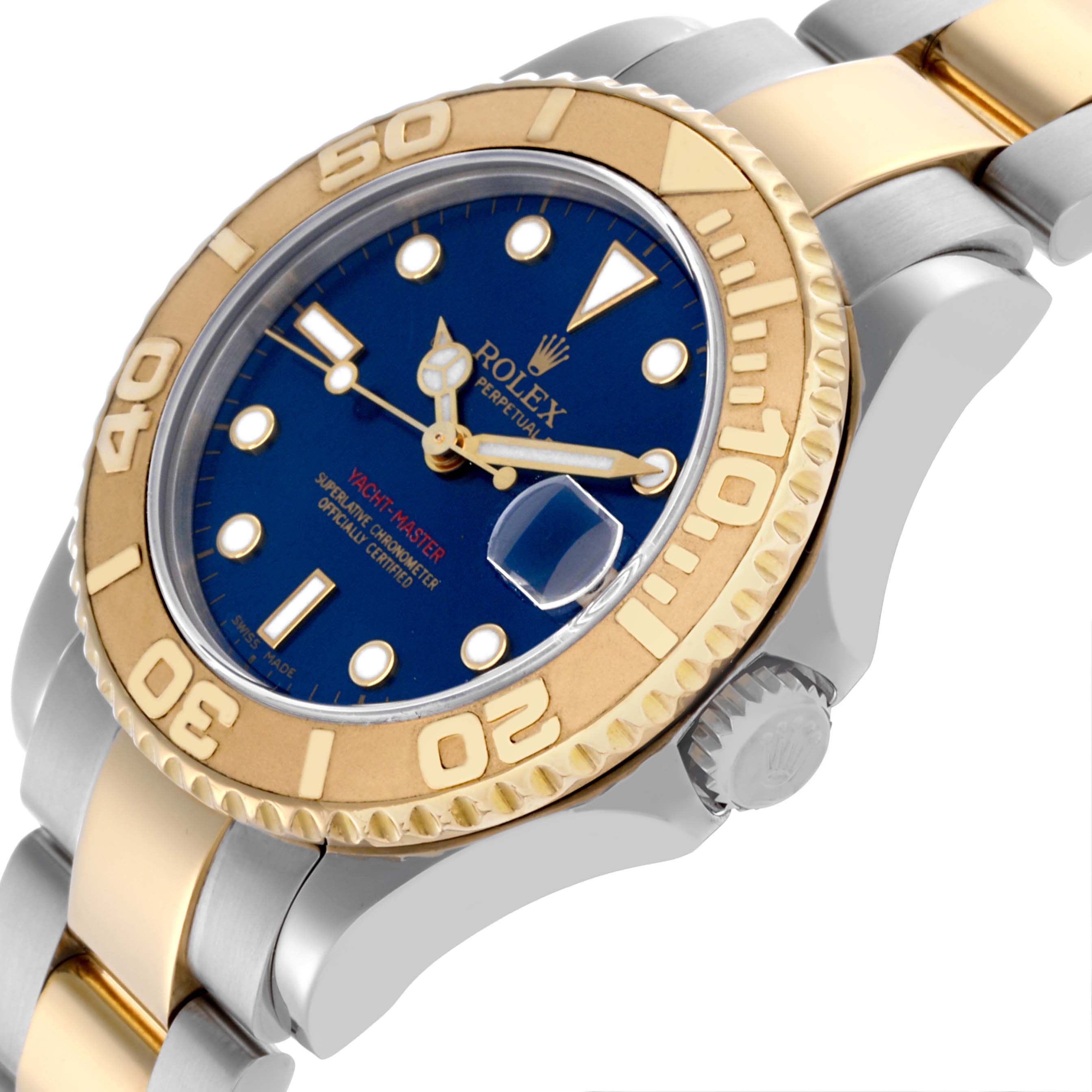 The Rolex Yacht-Master 168623 Men's Steel and Gold (two tone) Blue Dial 168623 Men's Steel and Gold (two tone) Blue Dial is shown at an angled side view, highlighting its gold bezel, blue dial, and two-tone bracelet.