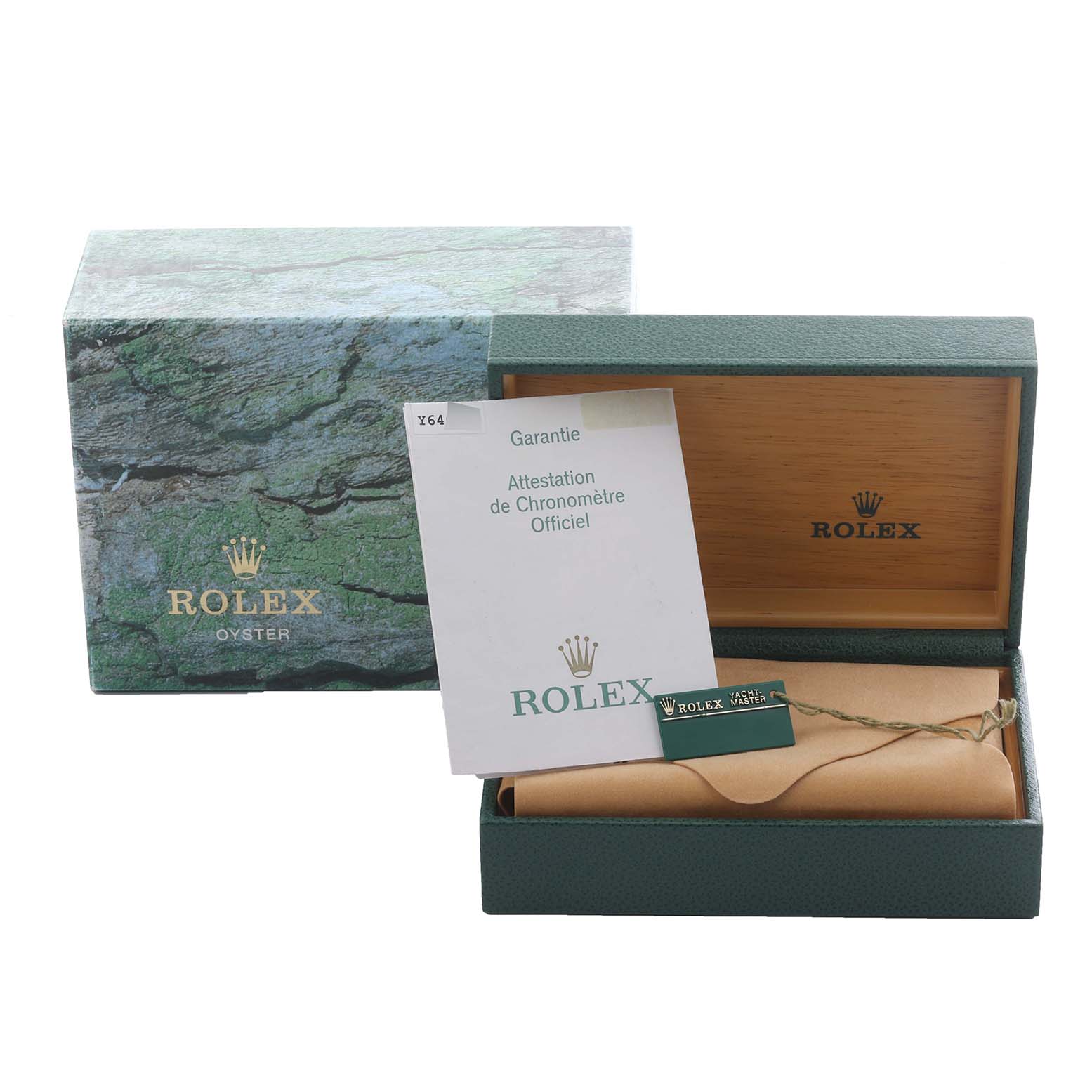 The image shows a Rolex Yacht-Master 168623 Men's Steel and Gold (two tone) Blue Dial 168623 Men's Steel and Gold (two tone) Blue Dial box, certificate, and tag at a front angle.