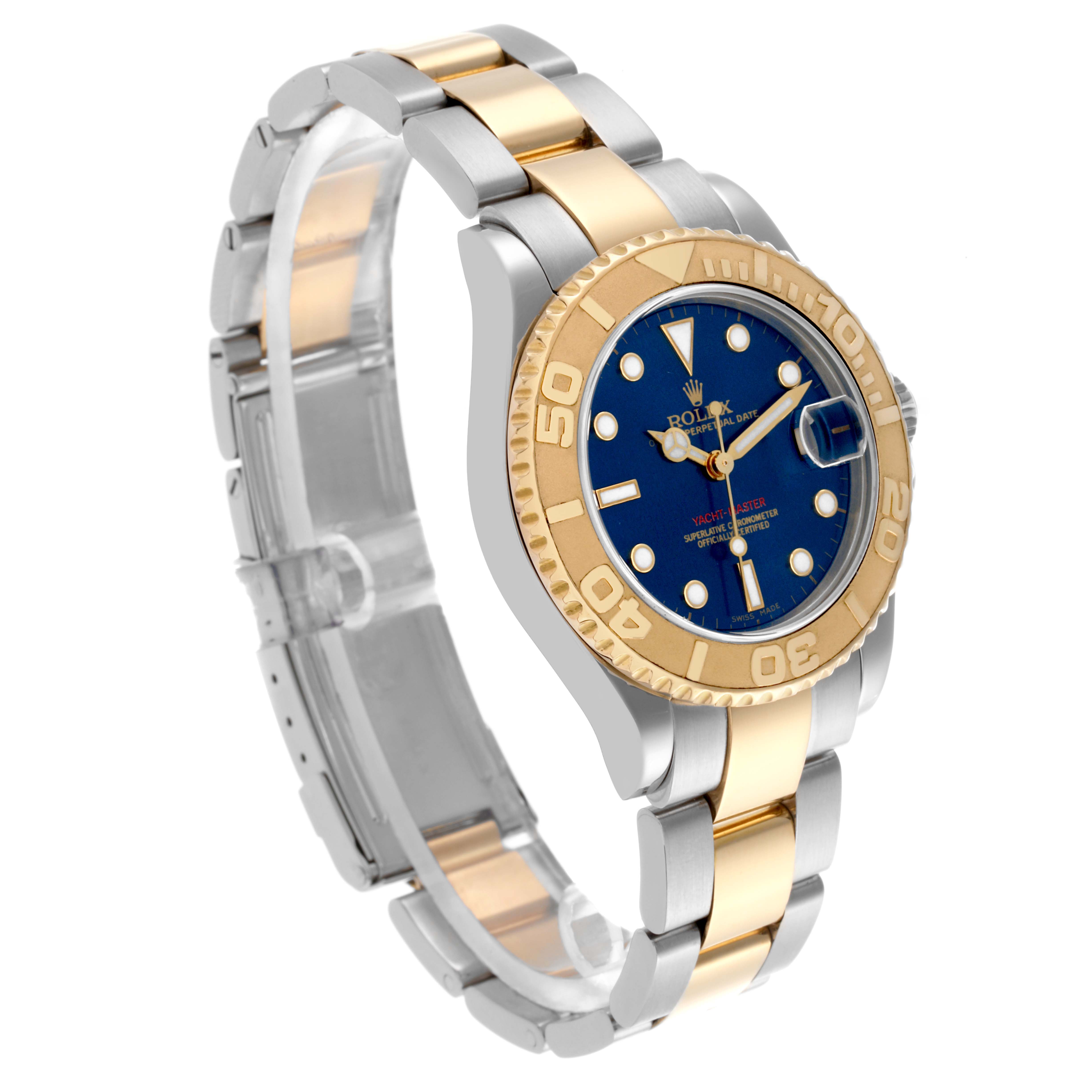 The Rolex Yacht-Master 168623 Men's Steel and Gold (two tone) Blue Dial 168623 Men's Steel and Gold (two tone) Blue Dial watch is shown at a three-quarter angle, displaying the bracelet, bezel, and blue dial.
