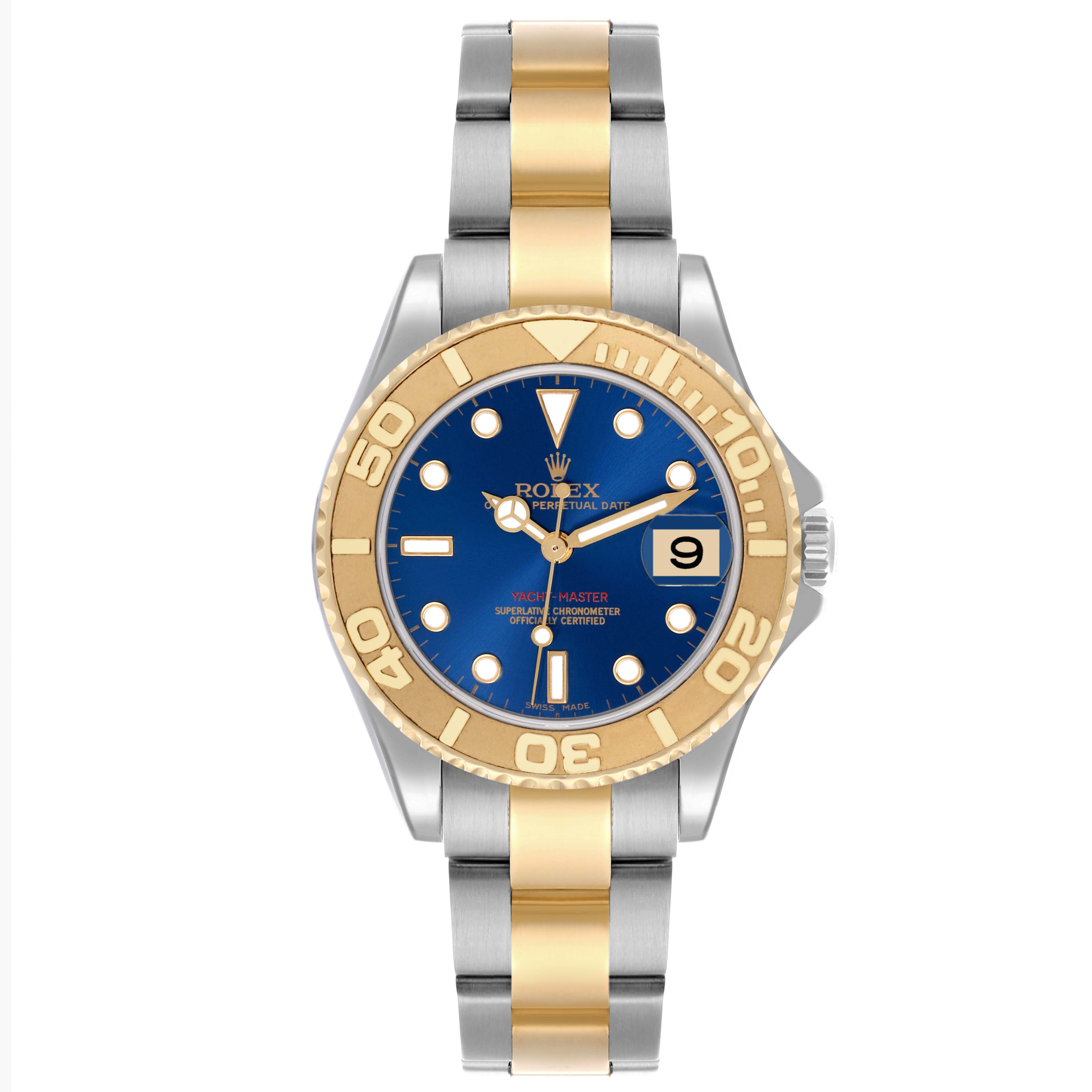 The Rolex Yacht-Master 168623 Men's Steel and Gold (two tone) Blue Dial 168623 Men's Steel and Gold (two tone) Blue Dial watch is shown from a top-down view, highlighting the face, bezel, and bracelet.