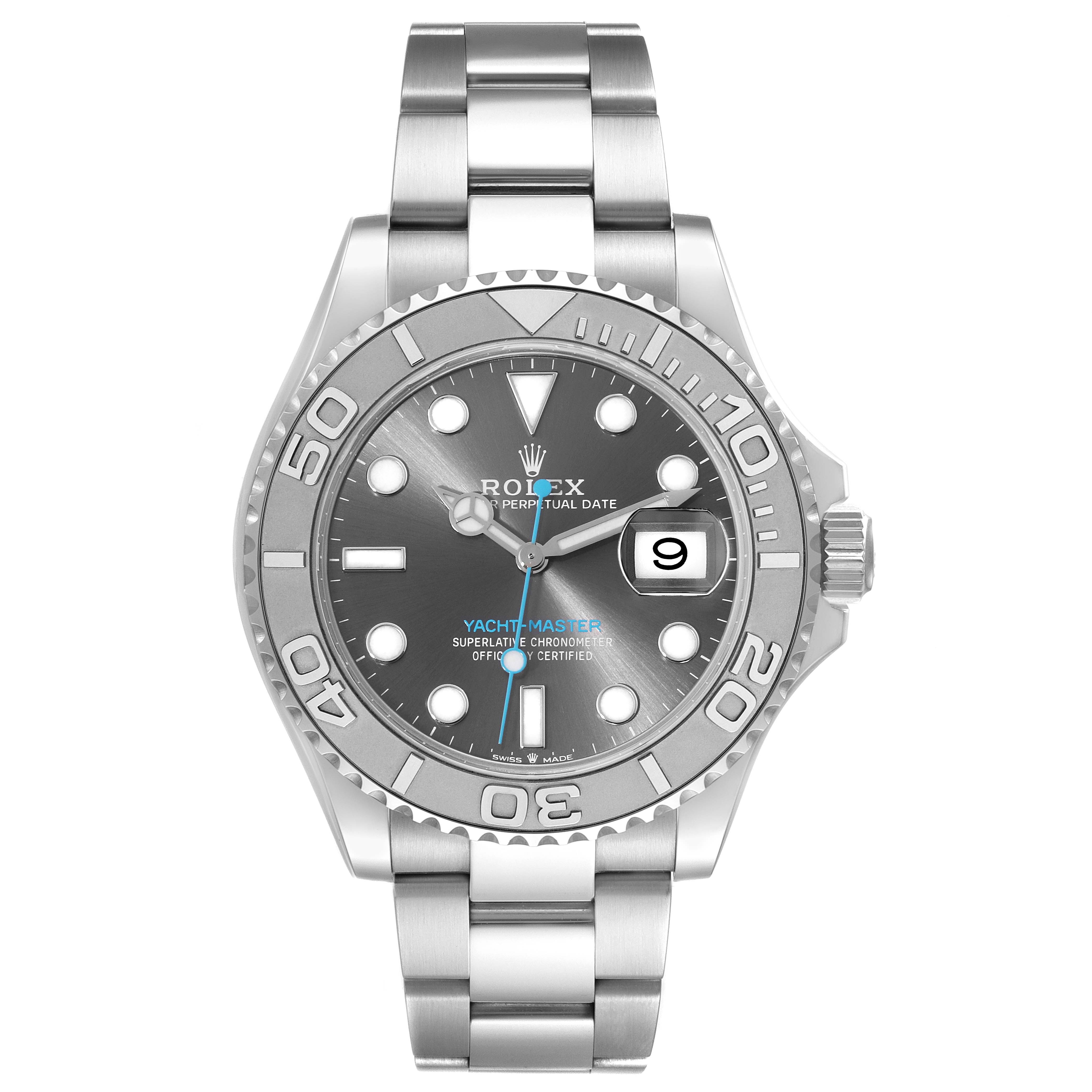 The image shows a frontal view of the Rolex Yacht-Master 126622 Men's Stainless Steel Grey Dial 126622 Men's Stainless Steel Grey Dial watch, highlighting its face, bezel, hands, date window, and bracelet.