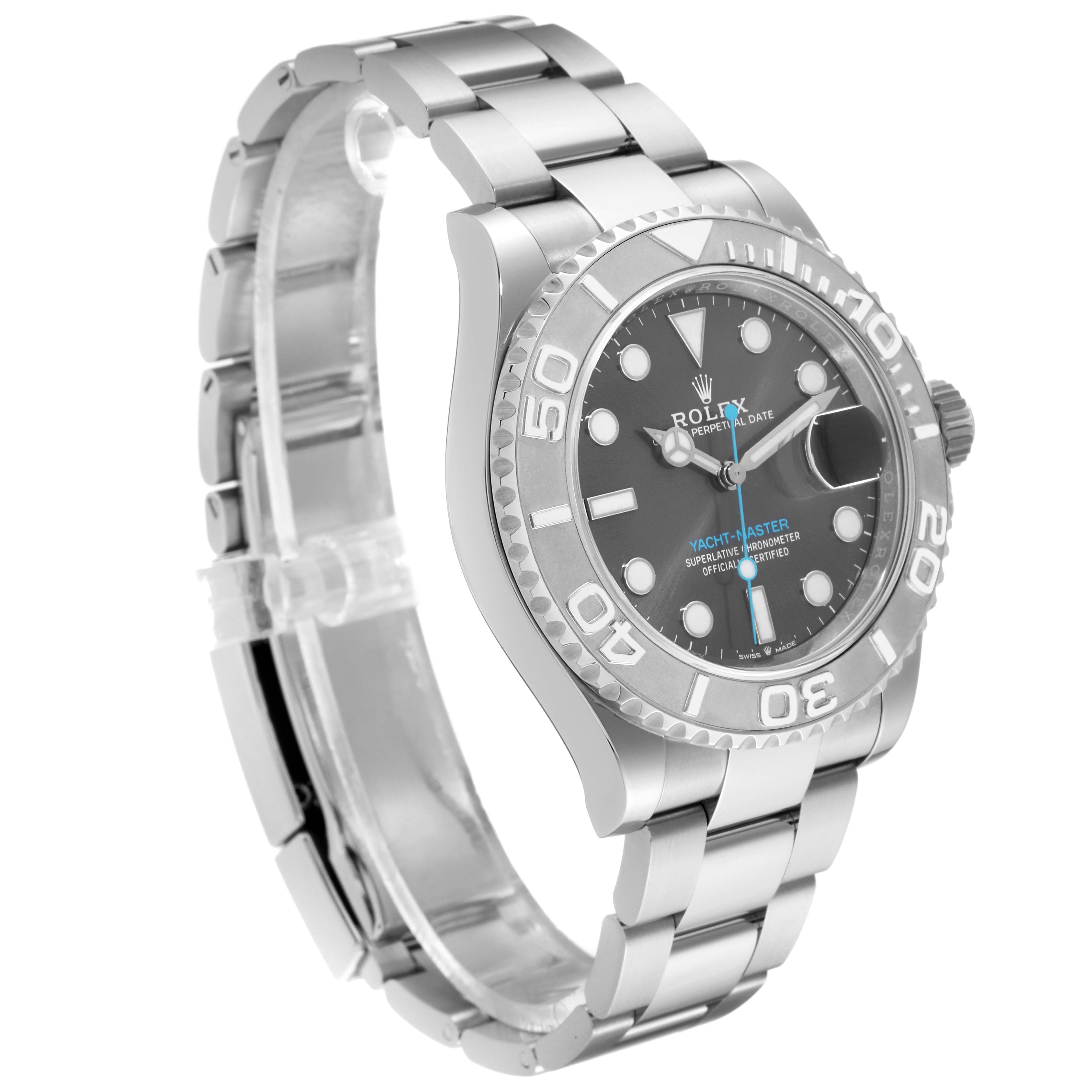 This image shows the side and front of a Rolex Yacht-Master 126622 Men's Stainless Steel Grey Dial 126622 Men's Stainless Steel Grey Dial watch with a metal band and a visible bezel and dial.