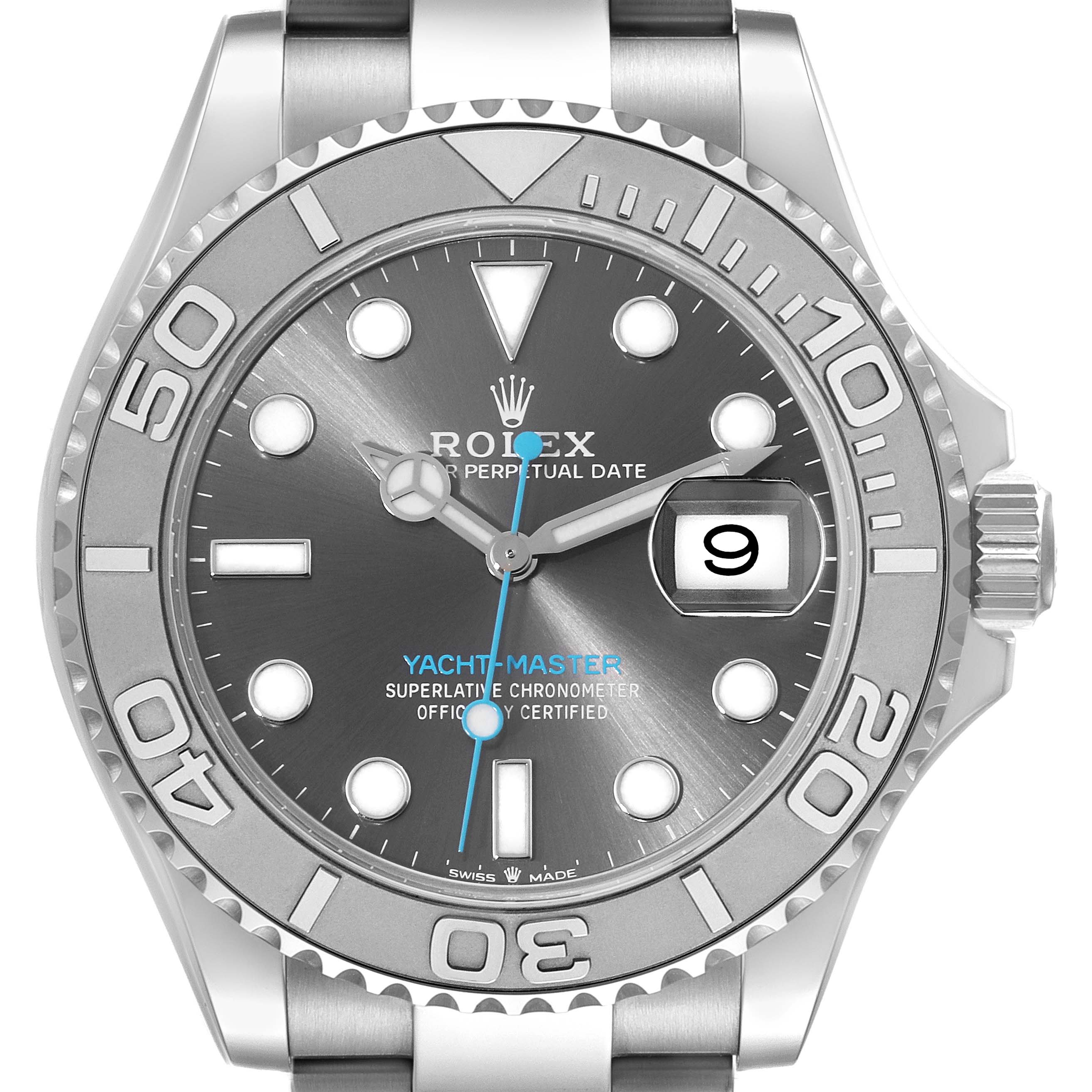 This image shows a front view of a Rolex Yacht-Master 126622 Men's Stainless Steel Grey Dial 126622 Men's Stainless Steel Grey Dial watch, highlighting its face, bezel, and crown.