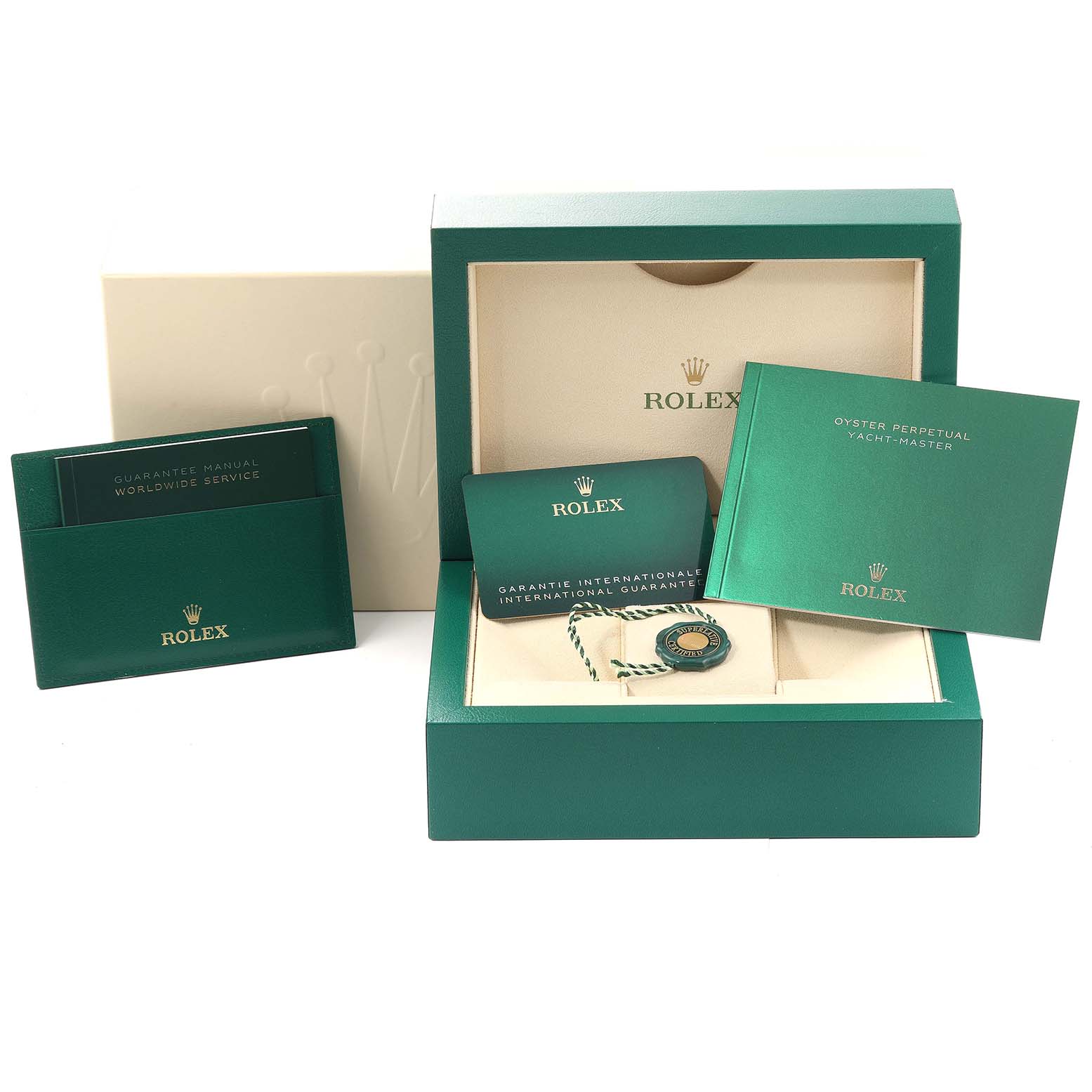 The image shows the packaging and accessories for a Rolex Yacht-Master 126622 Men's Stainless Steel Grey Dial 126622 Men's Stainless Steel Grey Dial, including the box, manuals, guarantee card, and tag.
