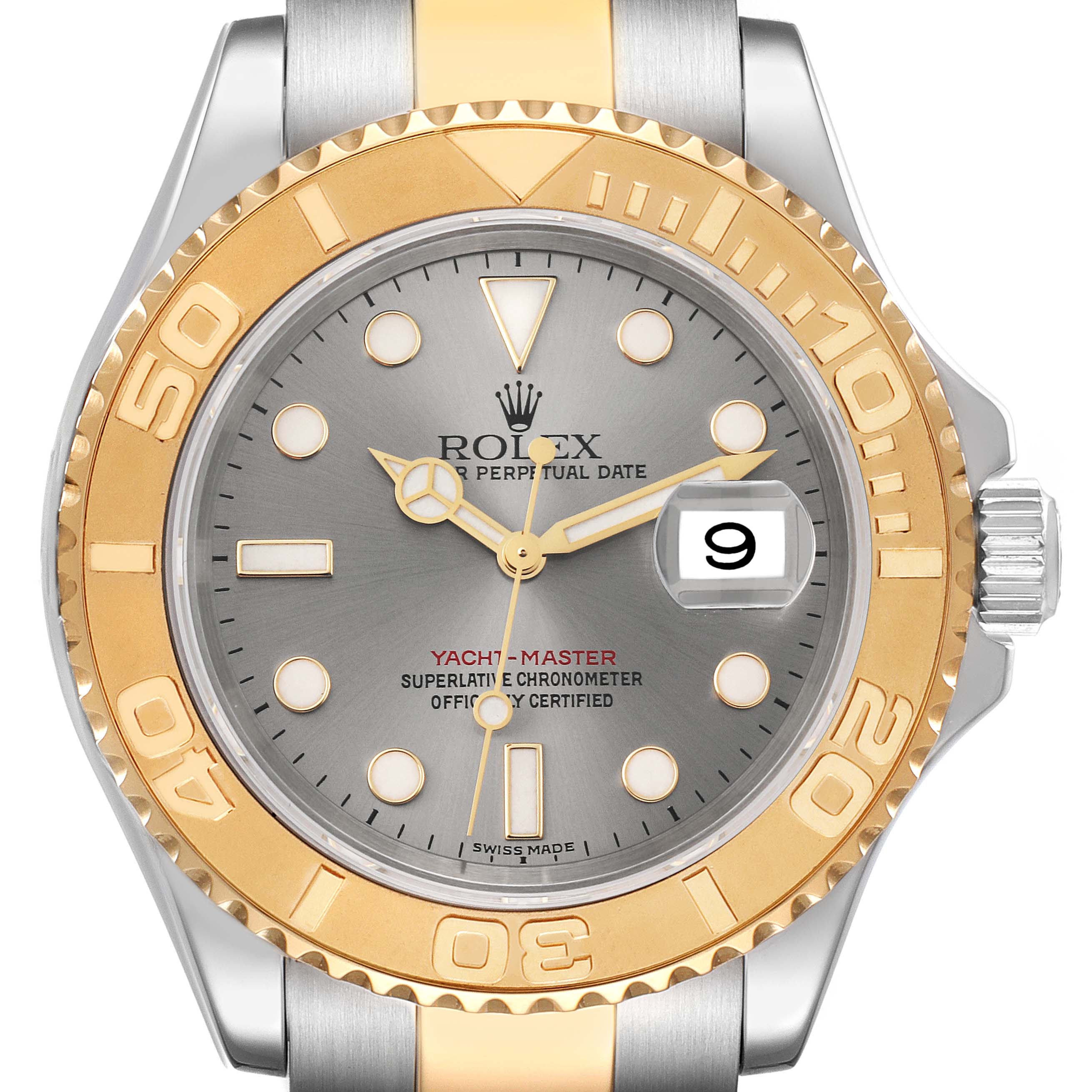 The image shows a front view of a Rolex Yacht-Master 16623 Men's Steel and Gold (two tone) Grey Dial 16623 Men's Steel and Gold (two tone) Grey Dial watch, highlighting the dial, bezel, and crown.