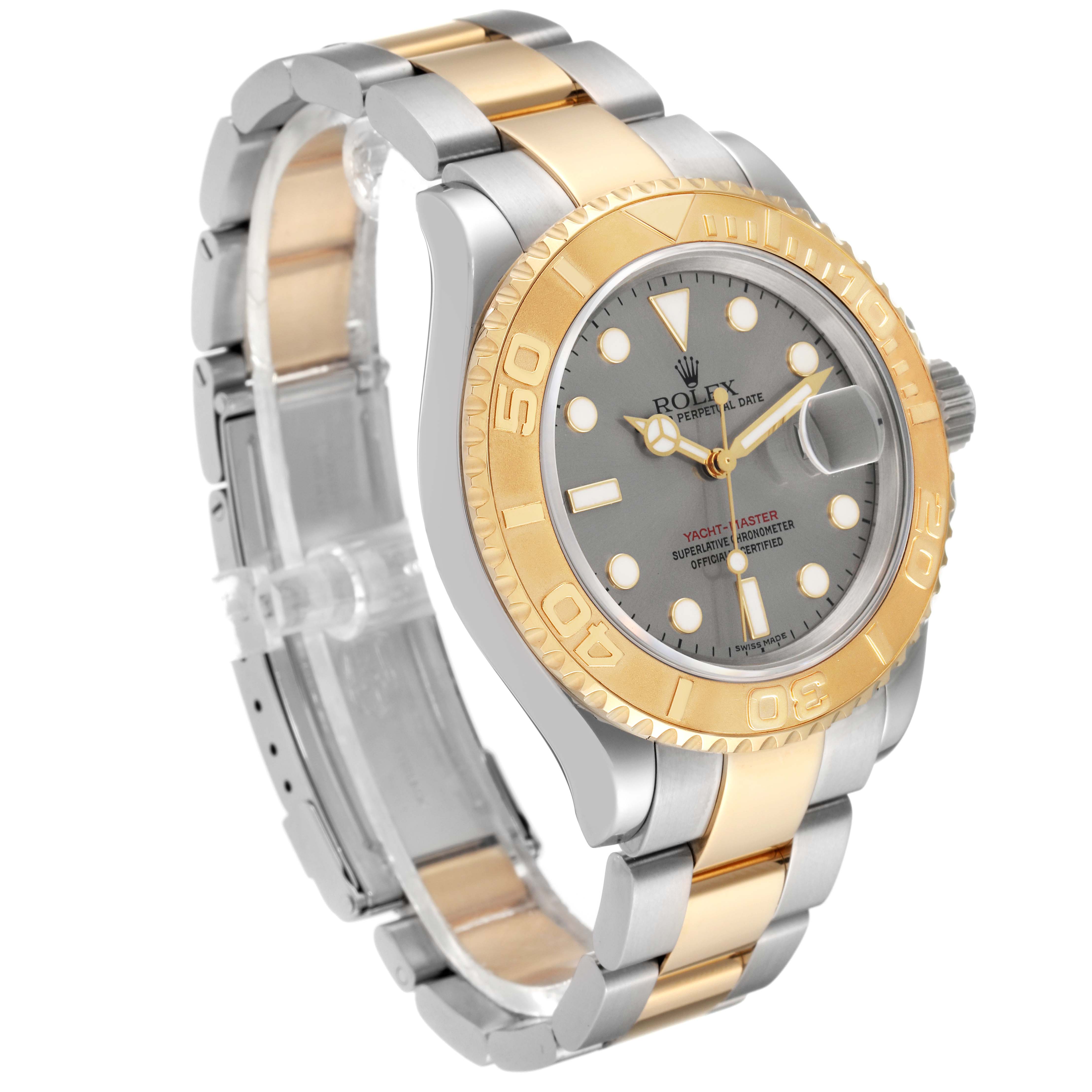 The Rolex Yacht-Master 16623 Men's Steel and Gold (two tone) Grey Dial 16623 Men's Steel and Gold (two tone) Grey Dial watch is shown at a three-quarter angle, highlighting its gold bezel, gray dial, and two-tone metal bracelet.