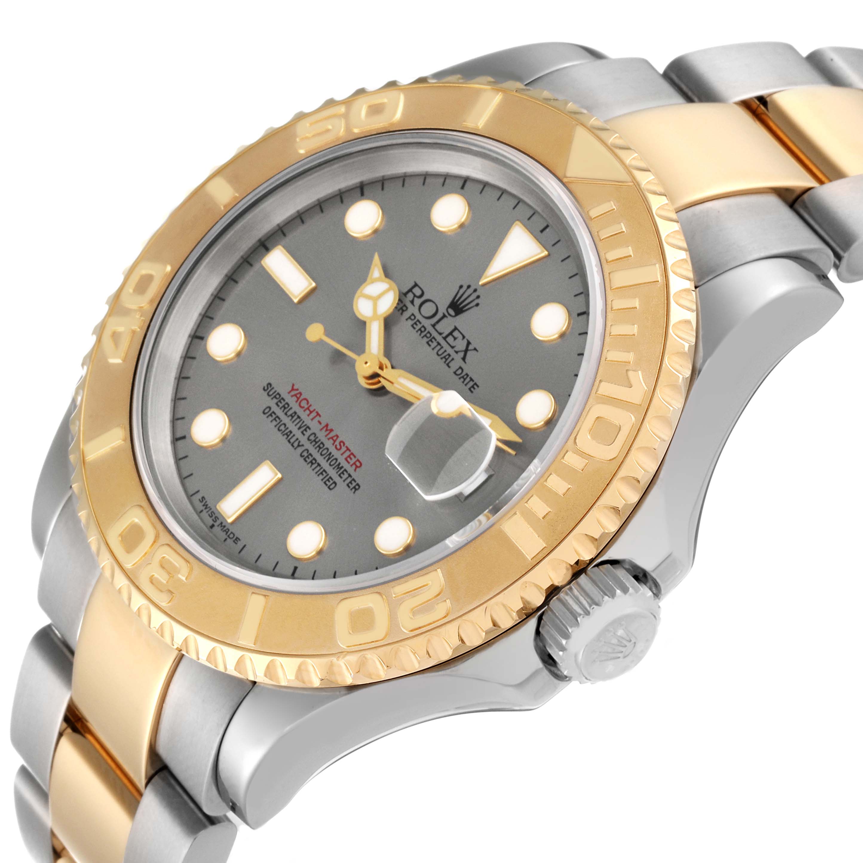 This image shows a close-up, angled view of the Rolex Yacht-Master 16623 Men's Steel and Gold (two tone) Grey Dial 16623 Men's Steel and Gold (two tone) Grey Dial watch, highlighting its face, bezel, and part of the bracelet.