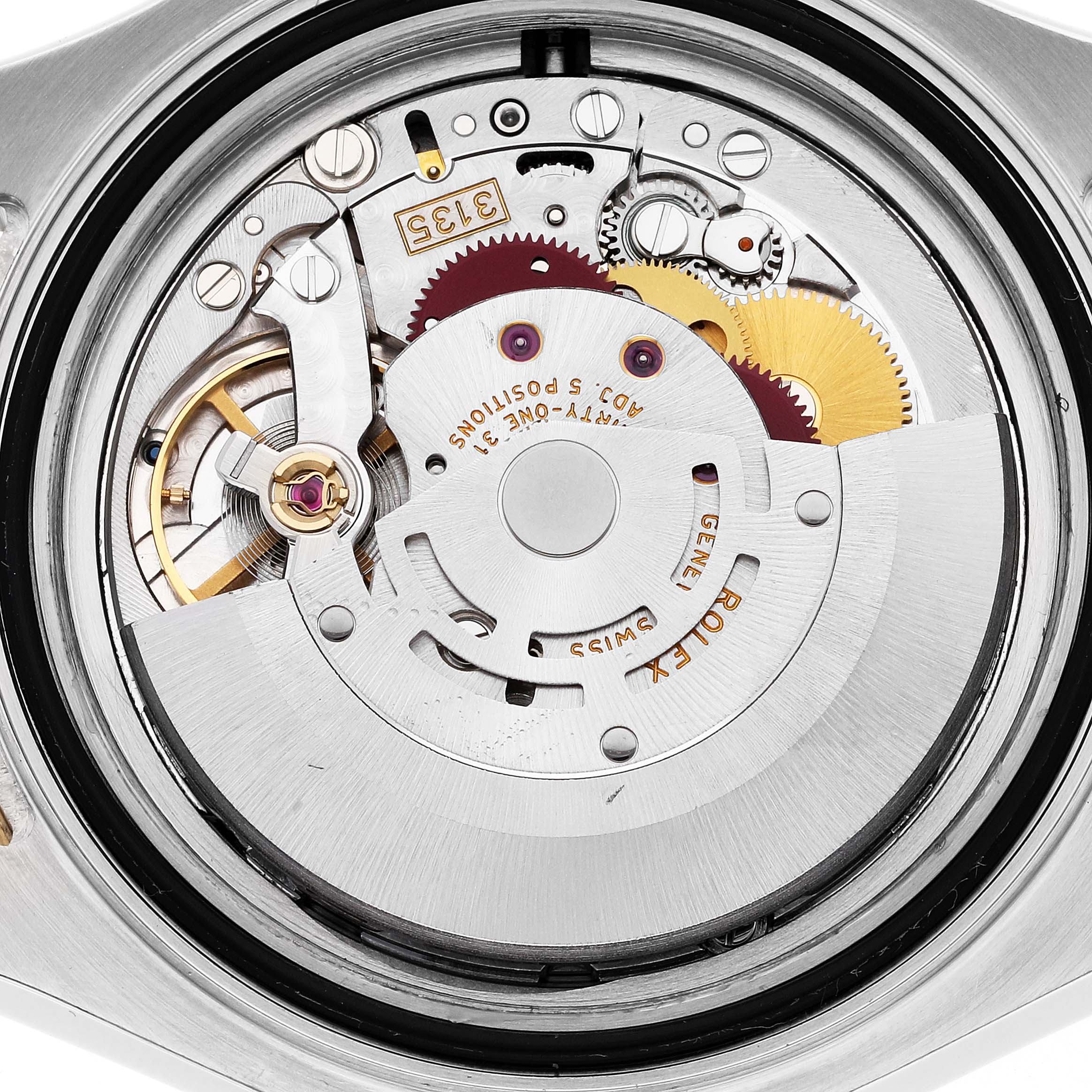 The image shows the internal mechanical movement of the Rolex Yacht-Master 16623 Men's Steel and Gold (two tone) Grey Dial 16623 Men's Steel and Gold (two tone) Grey Dial watch from a back, close-up angle.