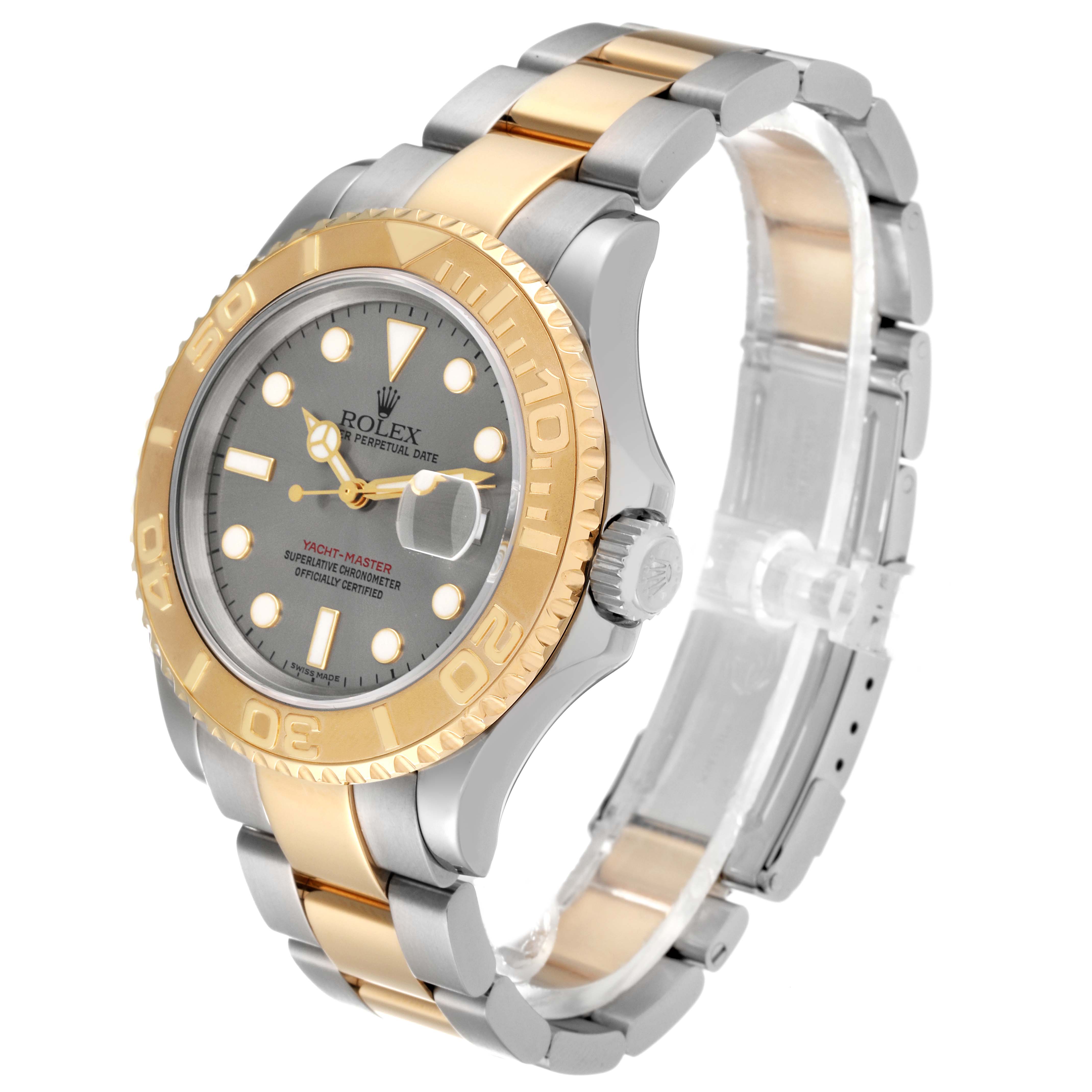 The Rolex Yacht-Master 16623 Men's Steel and Gold (two tone) Grey Dial 16623 Men's Steel and Gold (two tone) Grey Dial watch is shown at a 3/4 angle, highlighting its dial, bezel, and bracelet.