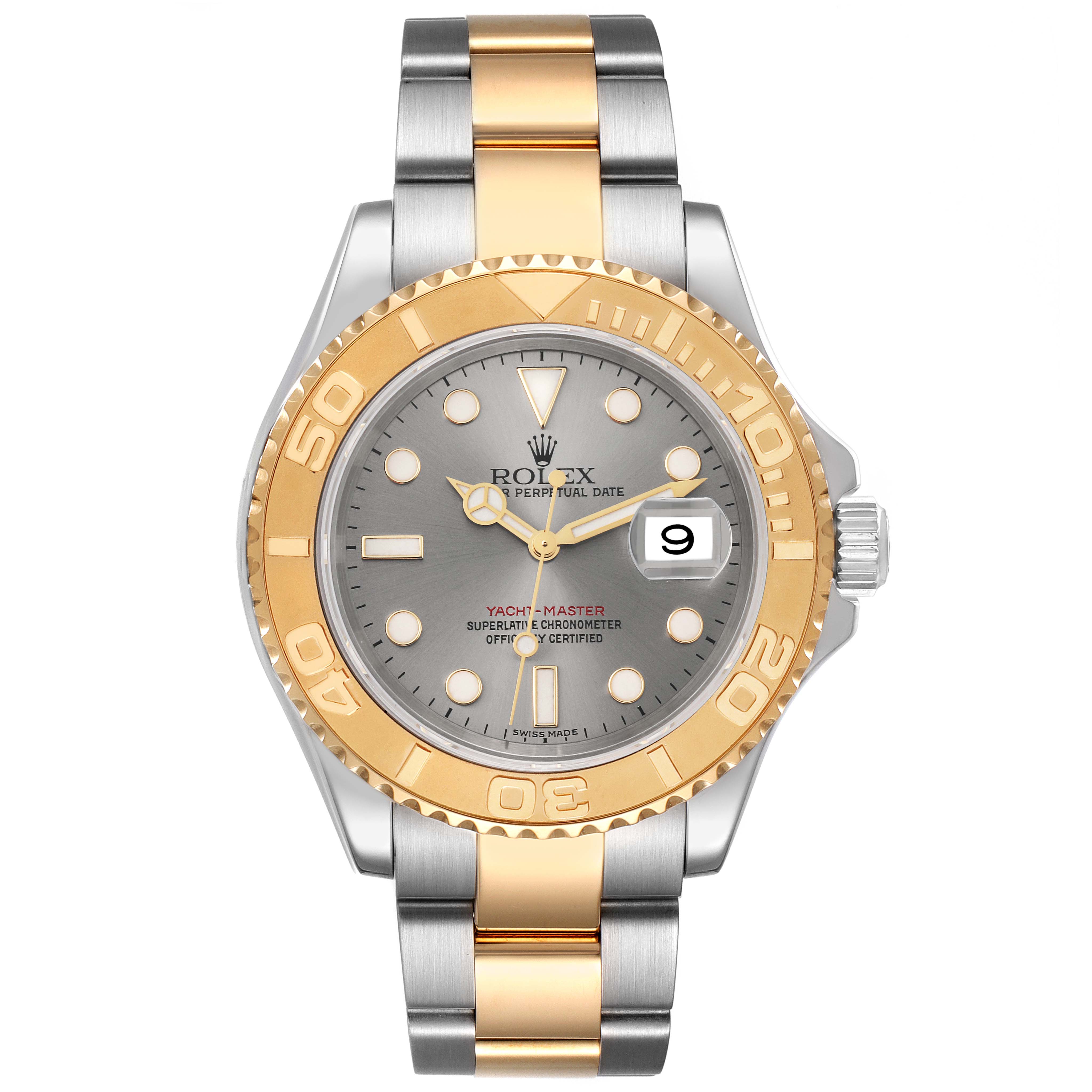 The image shows a front view of a Rolex Yacht-Master 16623 Men's Steel and Gold (two tone) Grey Dial 16623 Men's Steel and Gold (two tone) Grey Dial watch featuring a two-tone bracelet and a gold bezel.