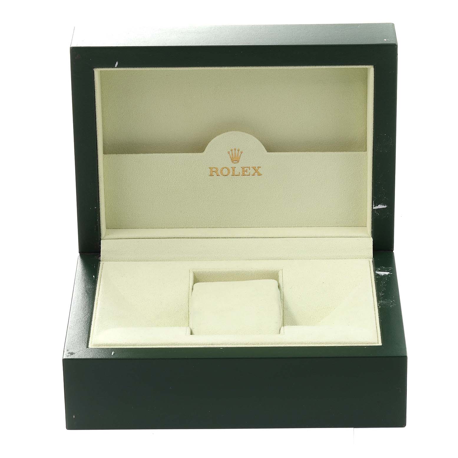 This is an open box for a Rolex Yacht-Master 16623 Men's Steel and Gold (two tone) Grey Dial 16623 Men's Steel and Gold (two tone) Grey Dial watch, showing the interior cushion and branding.