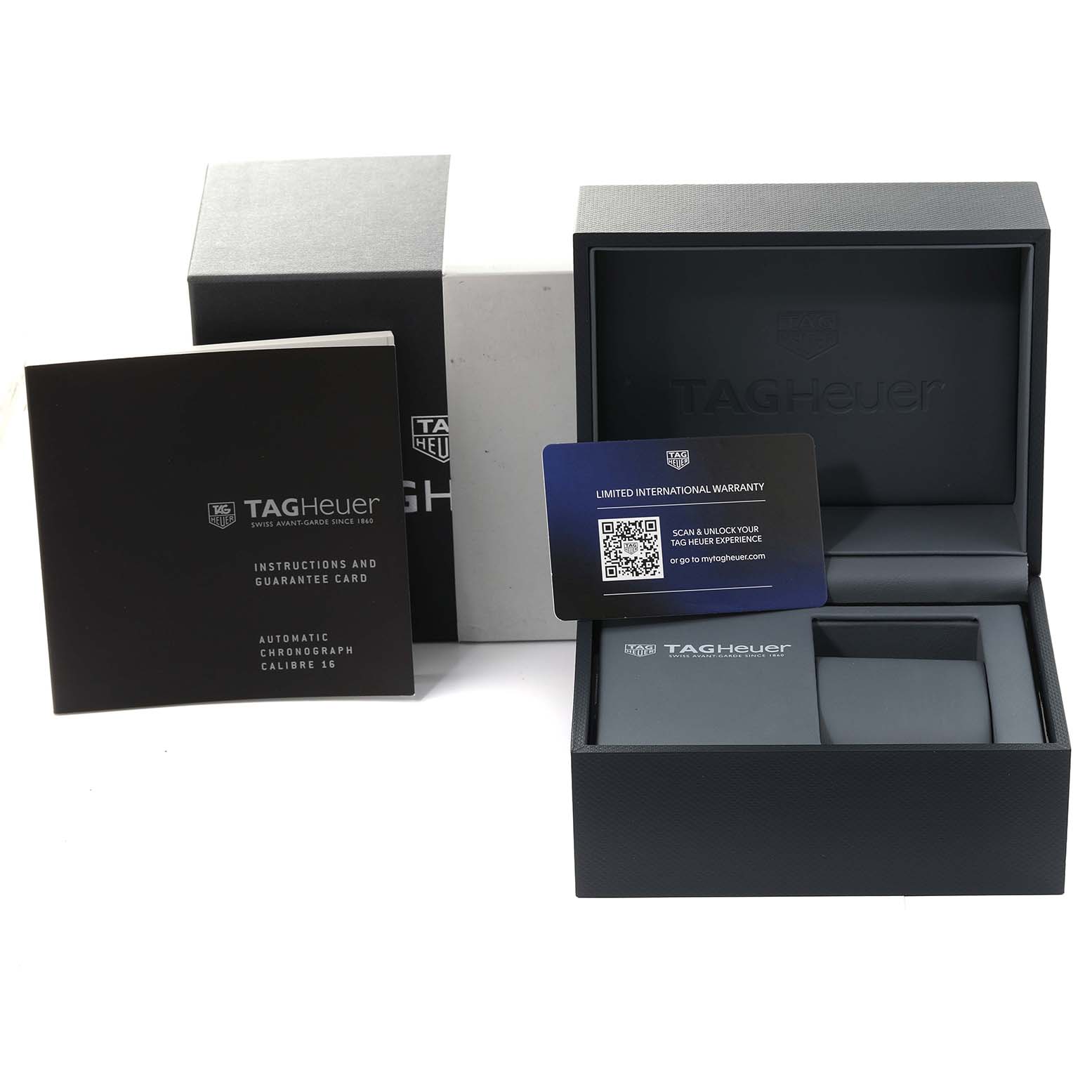 The image displays the box, instruction manual, international warranty card, and packaging for a Tag Heuer Aquaracer CAY211B.BA0927 Men's Stainless Steel Blue Dial CAY211B.BA0927 Men's Stainless Steel Blue Dial watch.