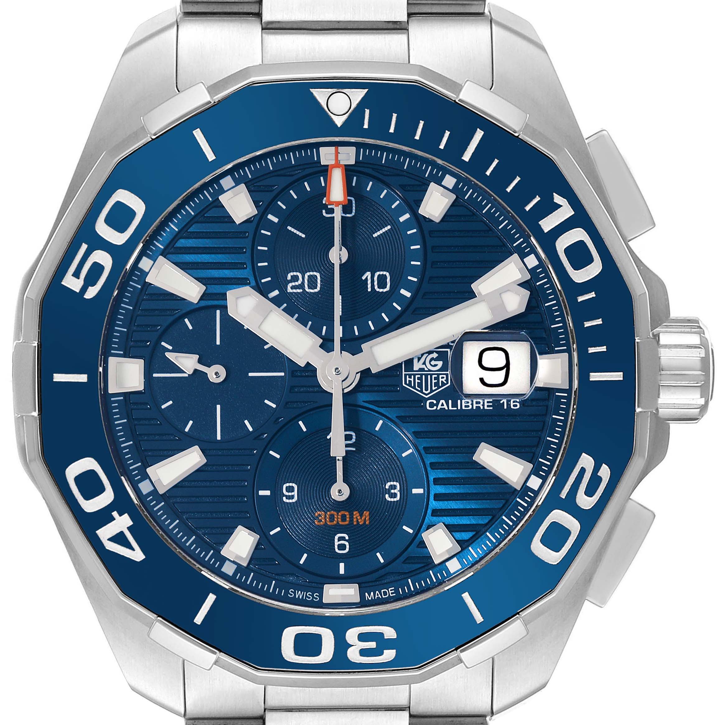 The image shows a frontal view of the Tag Heuer Aquaracer CAY211B.BA0927 Men's Stainless Steel Blue Dial CAY211B.BA0927 Men's Stainless Steel Blue Dial watch, highlighting its blue dial, bezel, subdials, and date window.