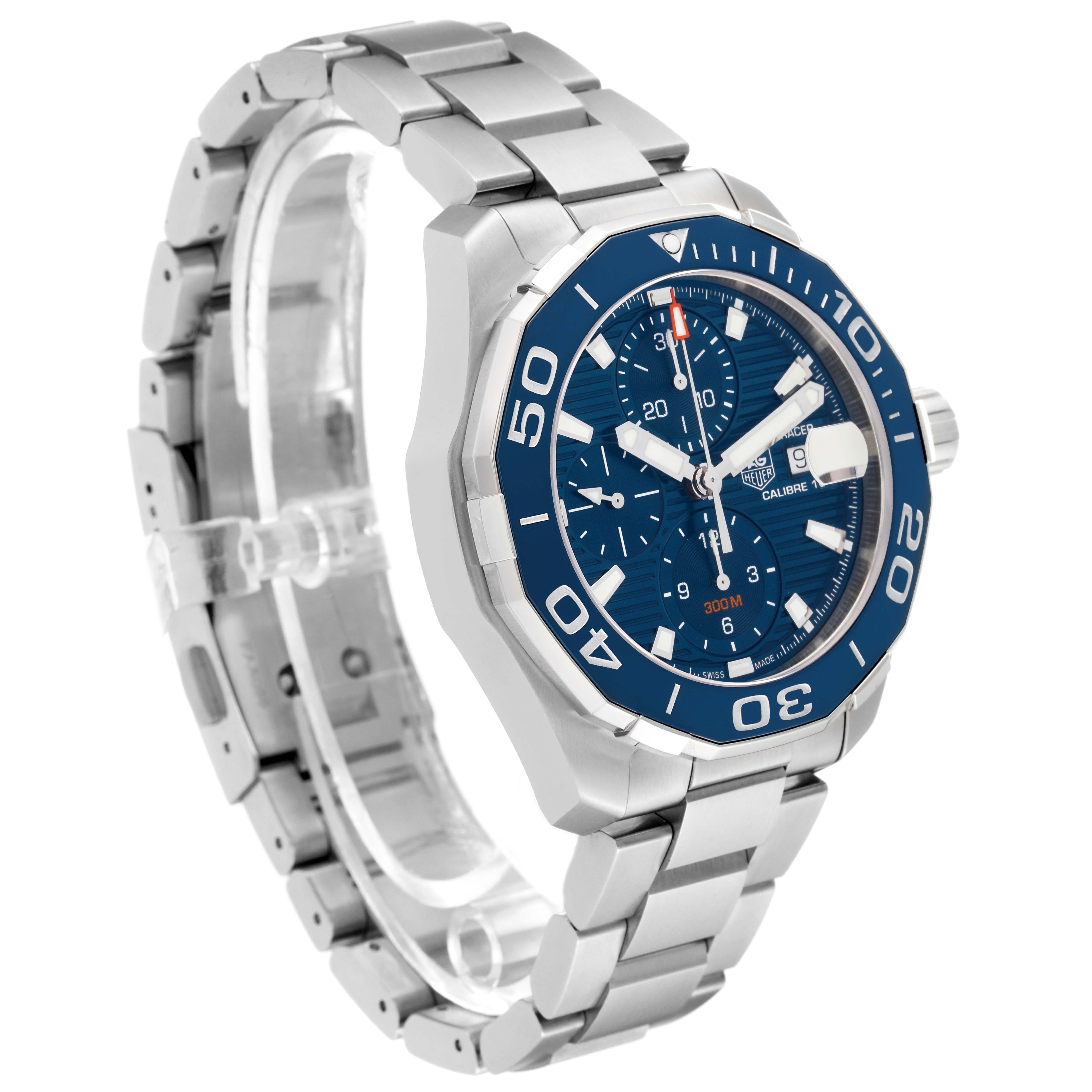 The image shows a side and front angle of the Tag Heuer Aquaracer CAY211B.BA0927 Men's Stainless Steel Blue Dial CAY211B.BA0927 Men's Stainless Steel Blue Dial watch, highlighting its blue dial, bezel, and stainless steel bracelet.