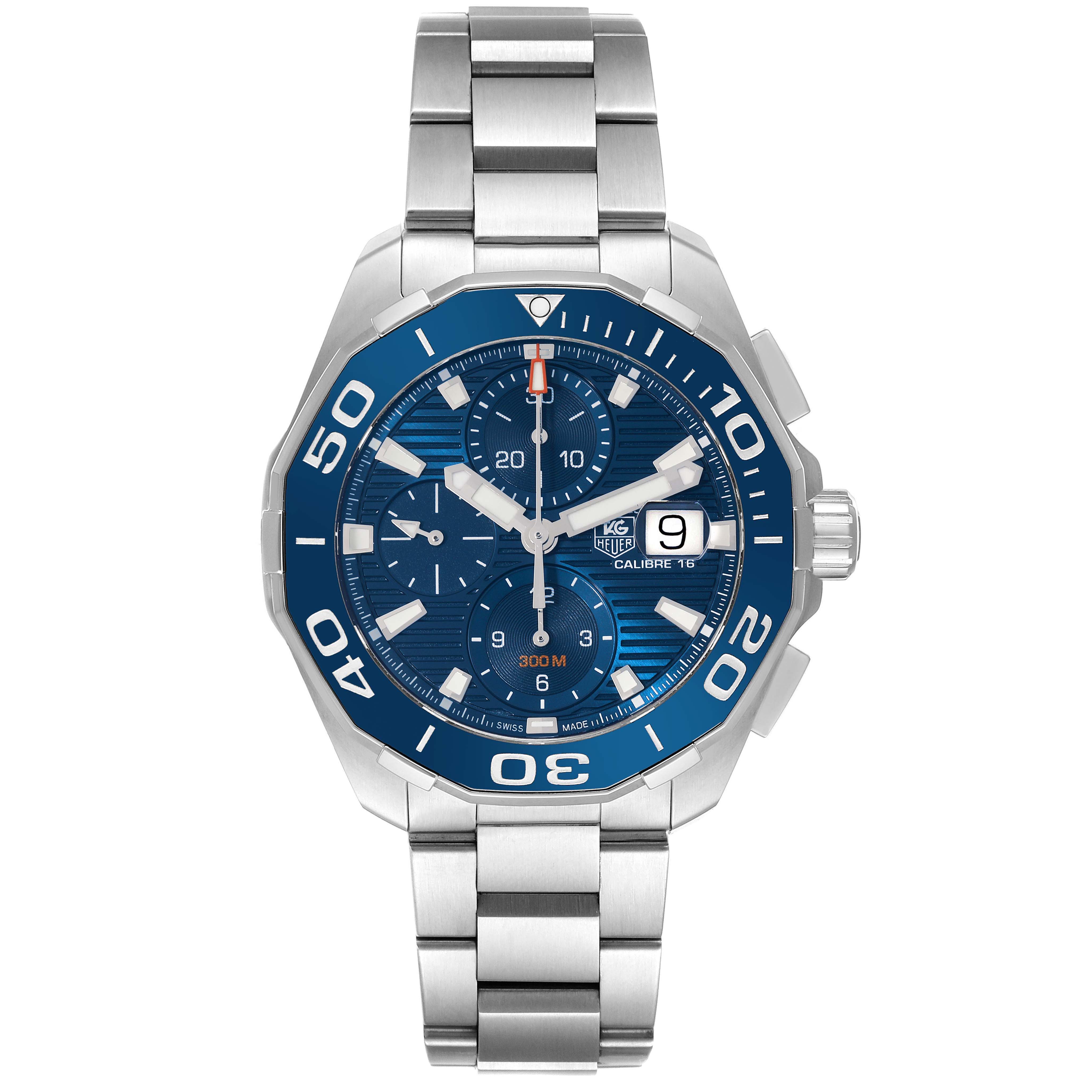 The image shows a front view of a Tag Heuer Aquaracer CAY211B.BA0927 Men's Stainless Steel Blue Dial CAY211B.BA0927 Men's Stainless Steel Blue Dial watch, highlighting its blue dial, chronograph subdials, date window, and stainless steel bracelet.