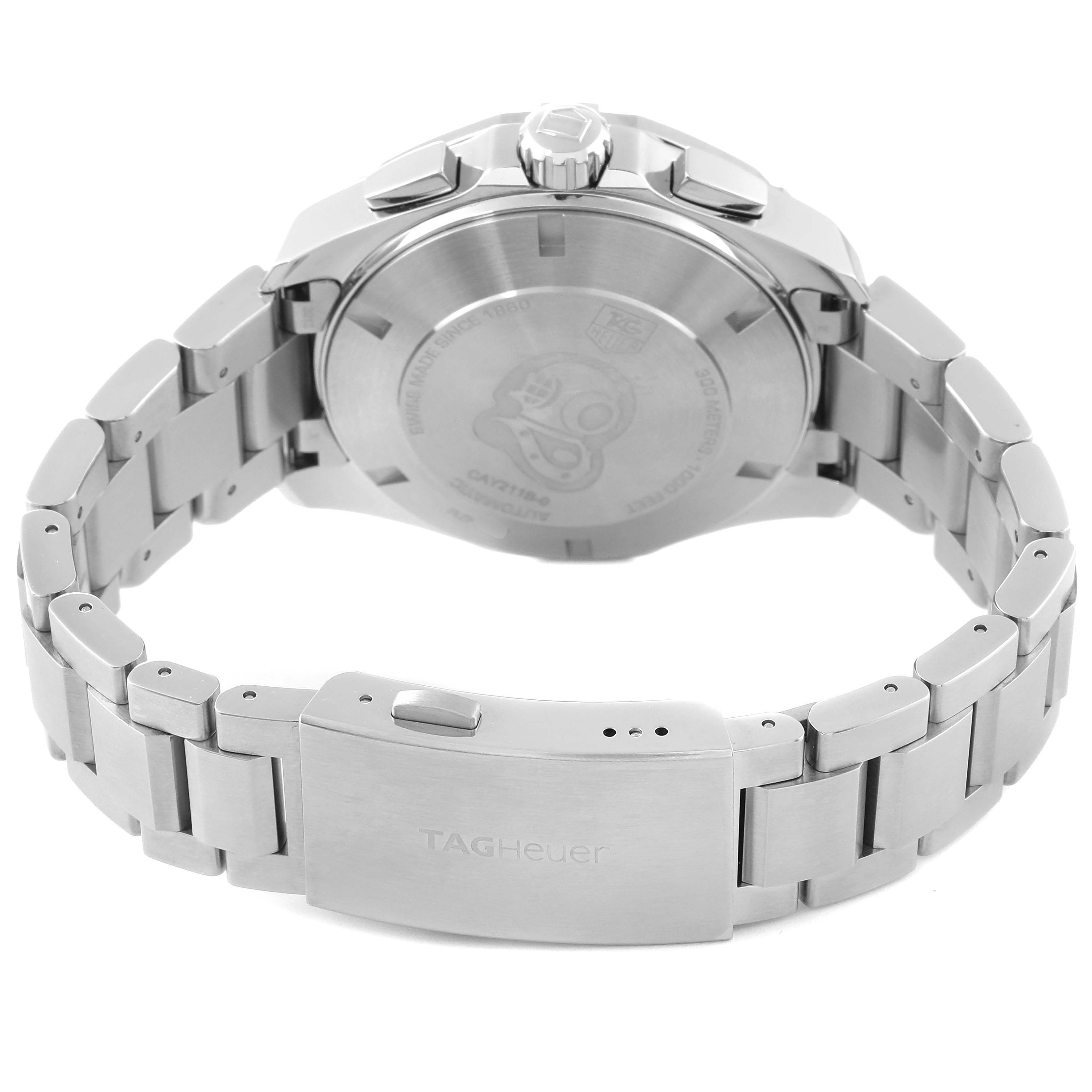 The image shows the back and clasp of a Tag Heuer Aquaracer CAY211B.BA0927 Men's Stainless Steel Blue Dial CAY211B.BA0927 Men's Stainless Steel Blue Dial watch at a slight angle.
