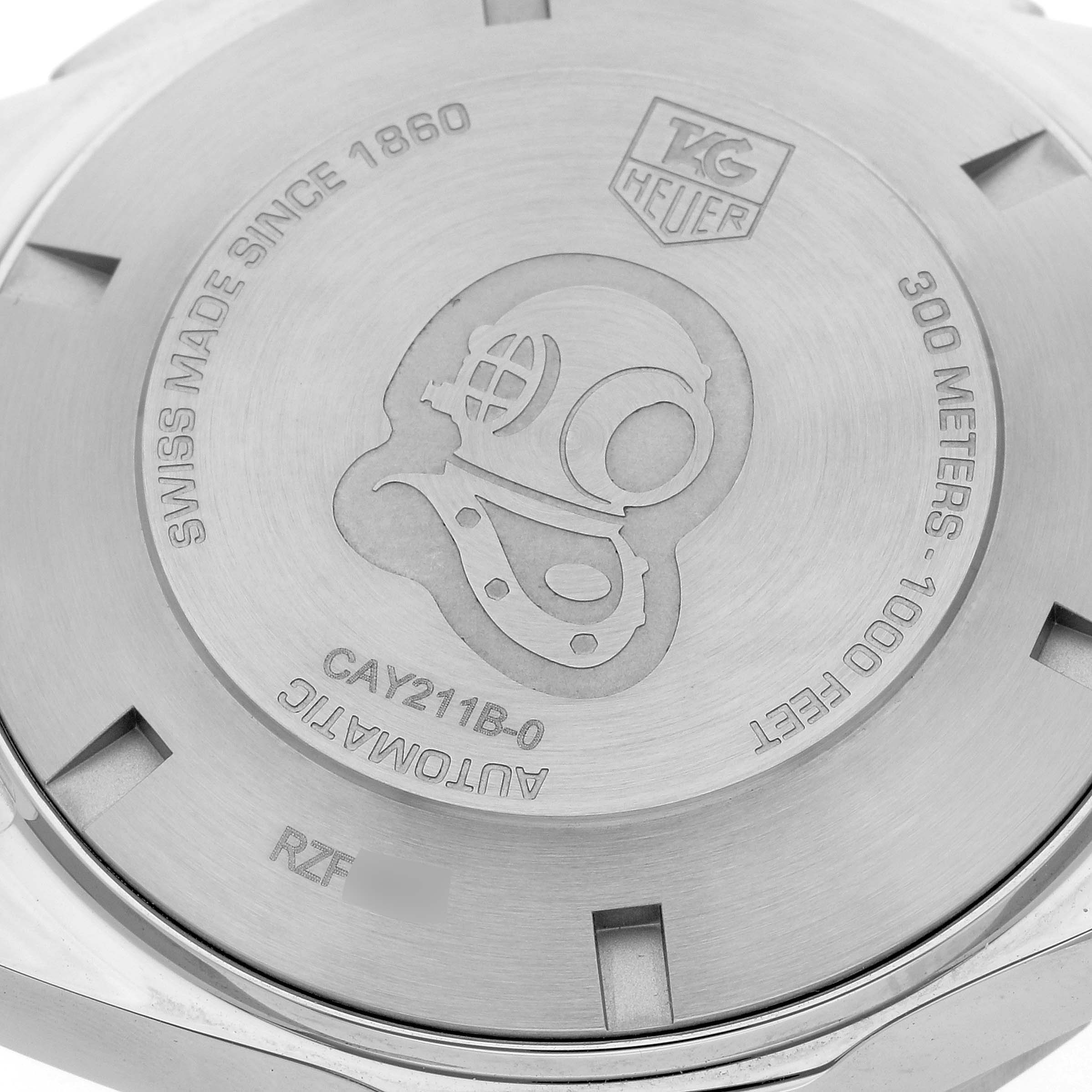 This image shows the back case of a Tag Heuer Aquaracer CAY211B.BA0927 Men's Stainless Steel Blue Dial CAY211B.BA0927 Men's Stainless Steel Blue Dial watch, highlighting engravings and specifications.