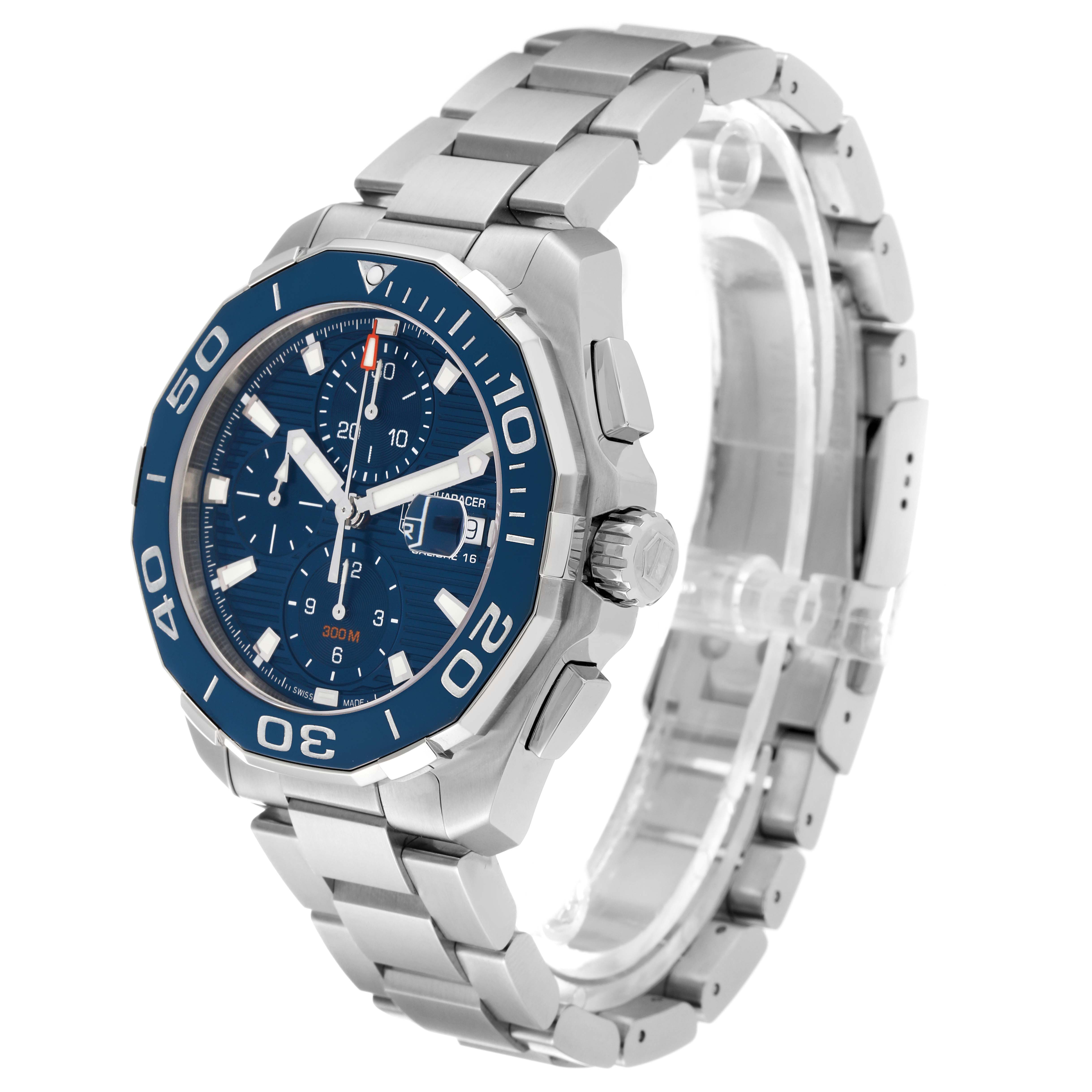 The image shows a Tag Heuer Aquaracer CAY211B.BA0927 Men's Stainless Steel Blue Dial CAY211B.BA0927 Men's Stainless Steel Blue Dial watch at a slight angle, highlighting the face, bezel, crown, and stainless steel bracelet.