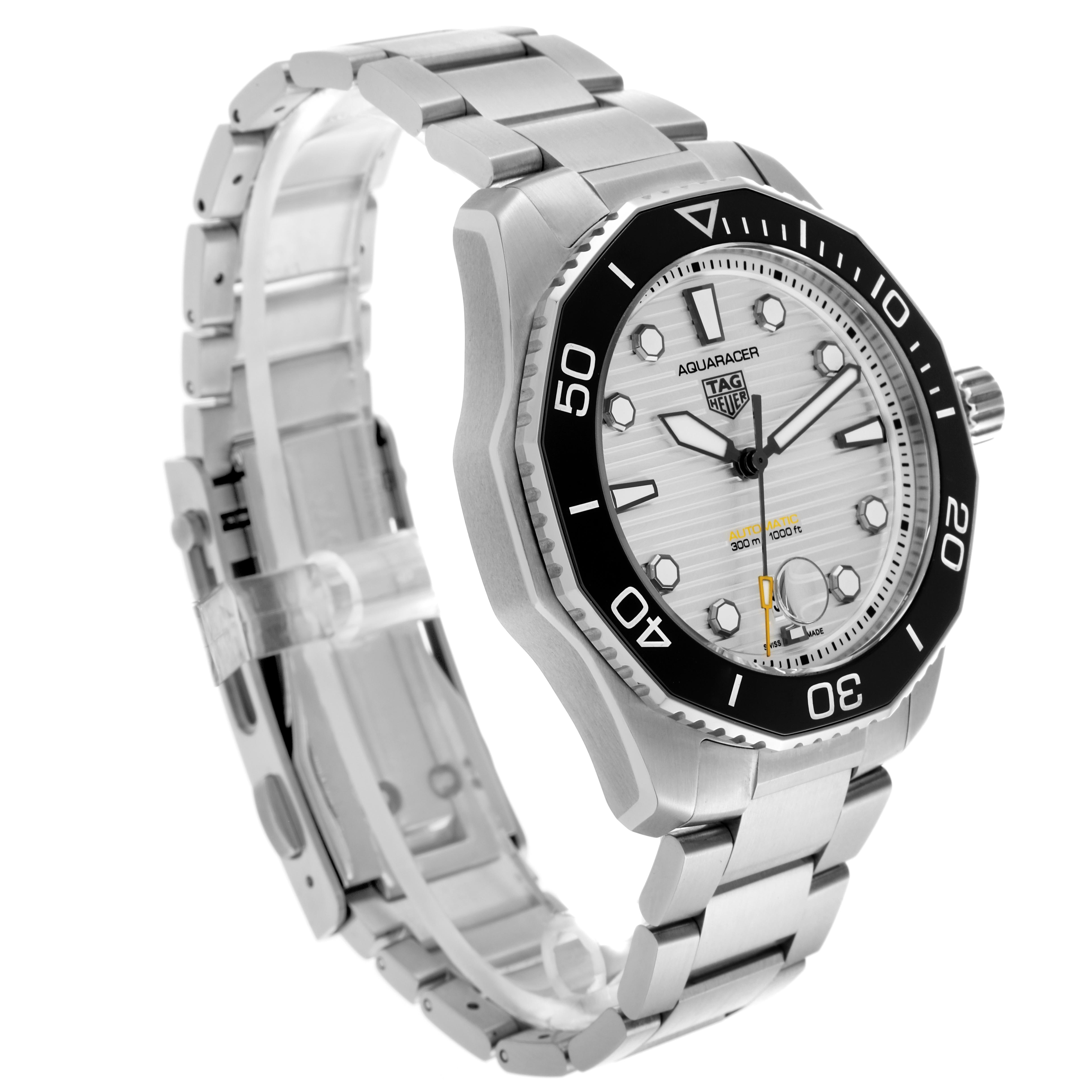 The Tag Heuer Aquaracer WBP201C.BA0632 Men's Stainless Steel Silver Dial WBP201C.BA0632 Men's Stainless Steel Silver Dial watch is shown at a three-quarter angle, highlighting its face, bezel, crown, and metal bracelet.