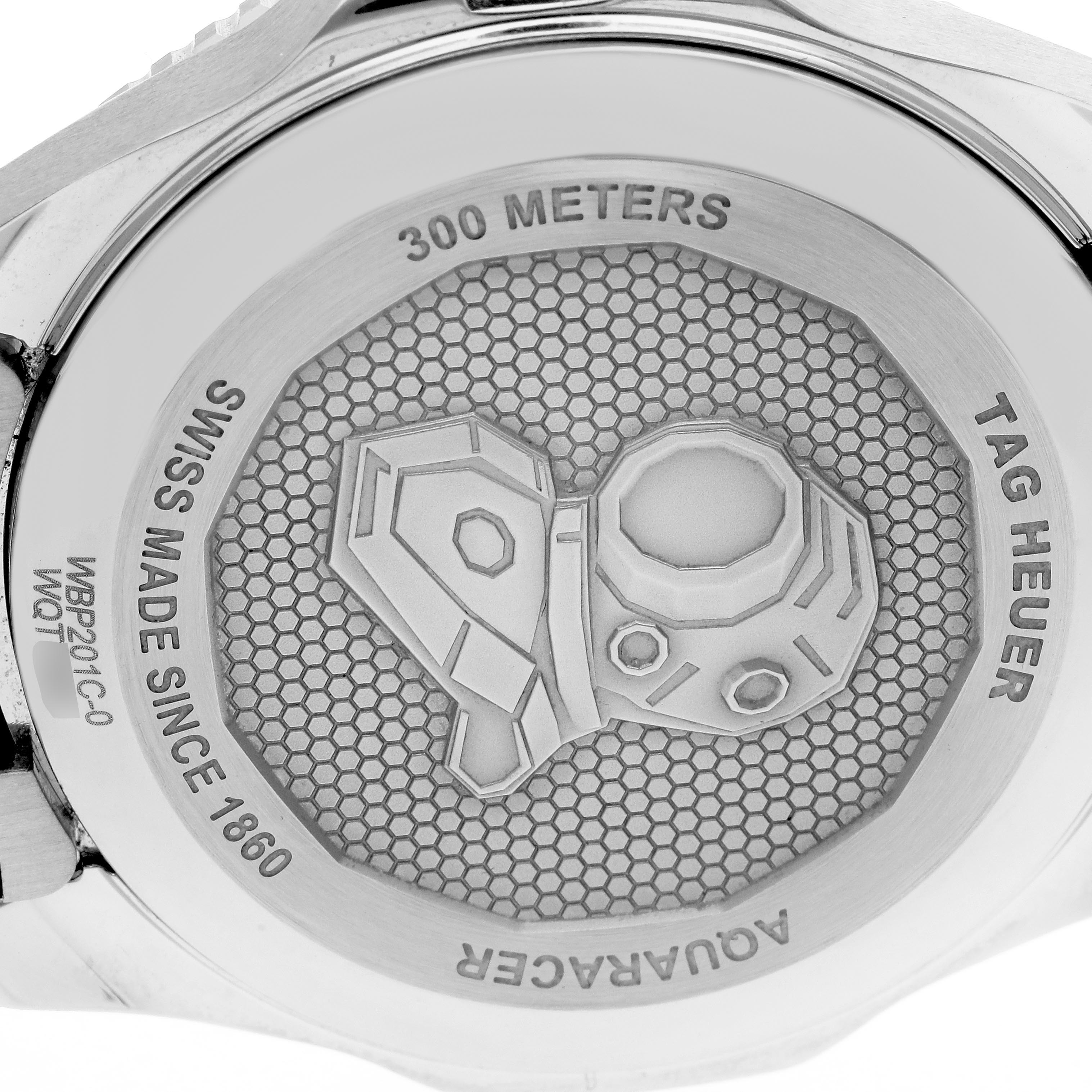 The image shows the back case of the Tag Heuer Aquaracer WBP201C.BA0632 Men's Stainless Steel Silver Dial WBP201C.BA0632 Men's Stainless Steel Silver Dial watch, featuring branding and water resistance details.
