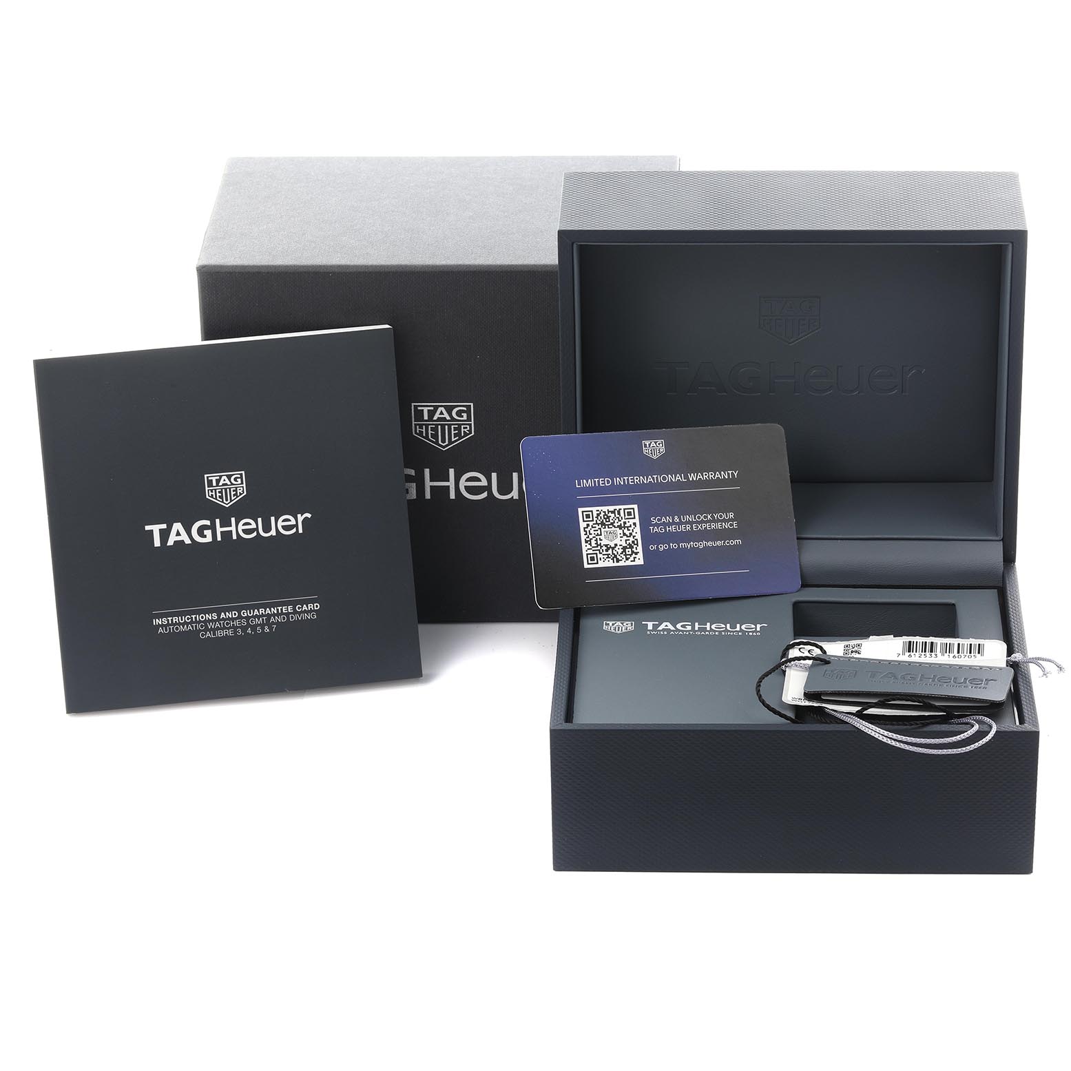 The image shows a Tag Heuer Aquaracer WBP201C.BA0632 Men's Stainless Steel Silver Dial WBP201C.BA0632 Men's Stainless Steel Silver Dial watch box, warranty card, and instruction booklet, all at a front angle.
