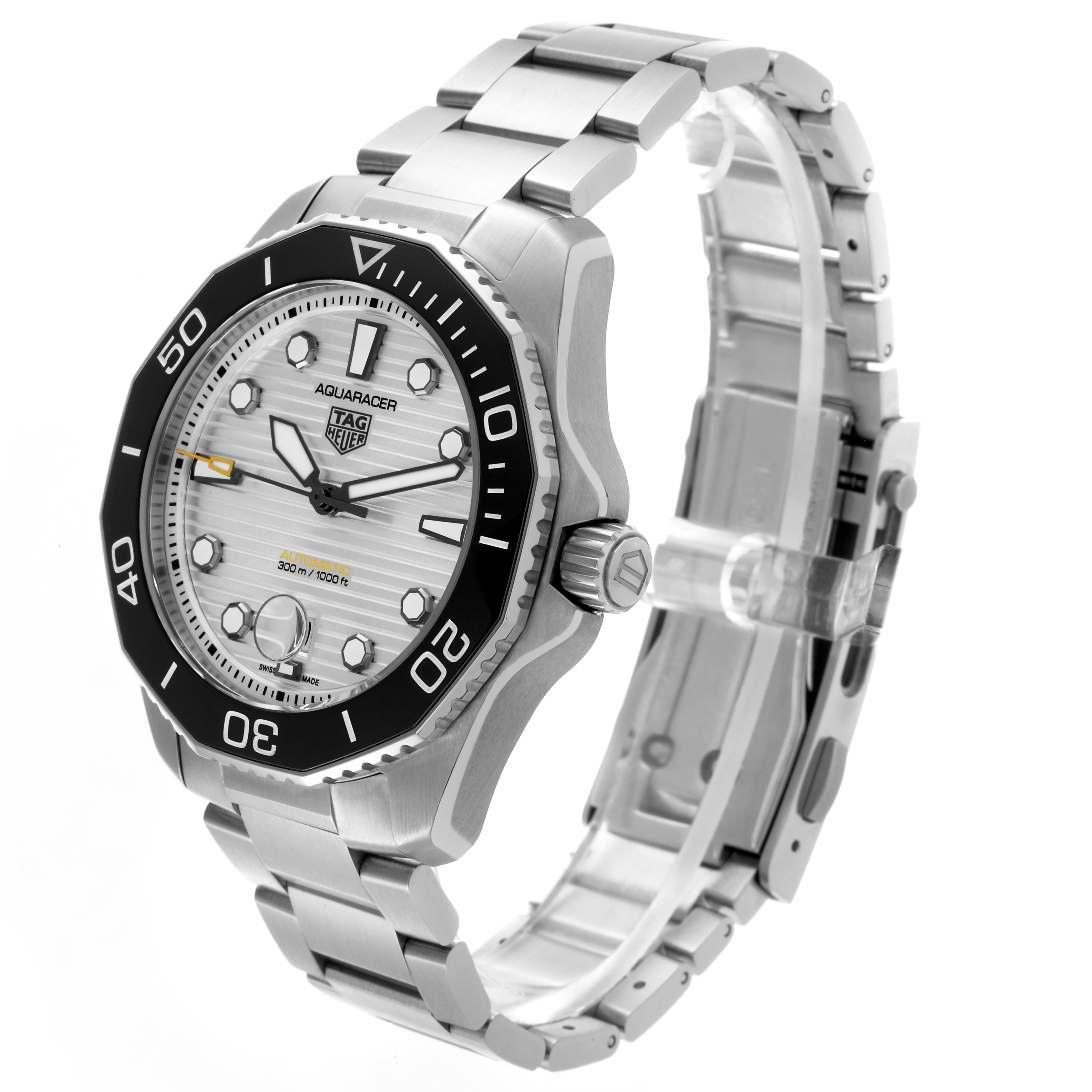 The Tag Heuer Aquaracer WBP201C.BA0632 Men's Stainless Steel Silver Dial WBP201C.BA0632 Men's Stainless Steel Silver Dial watch is shown at a three-quarter angle, displaying the dial, bezel, crown, and metal bracelet.