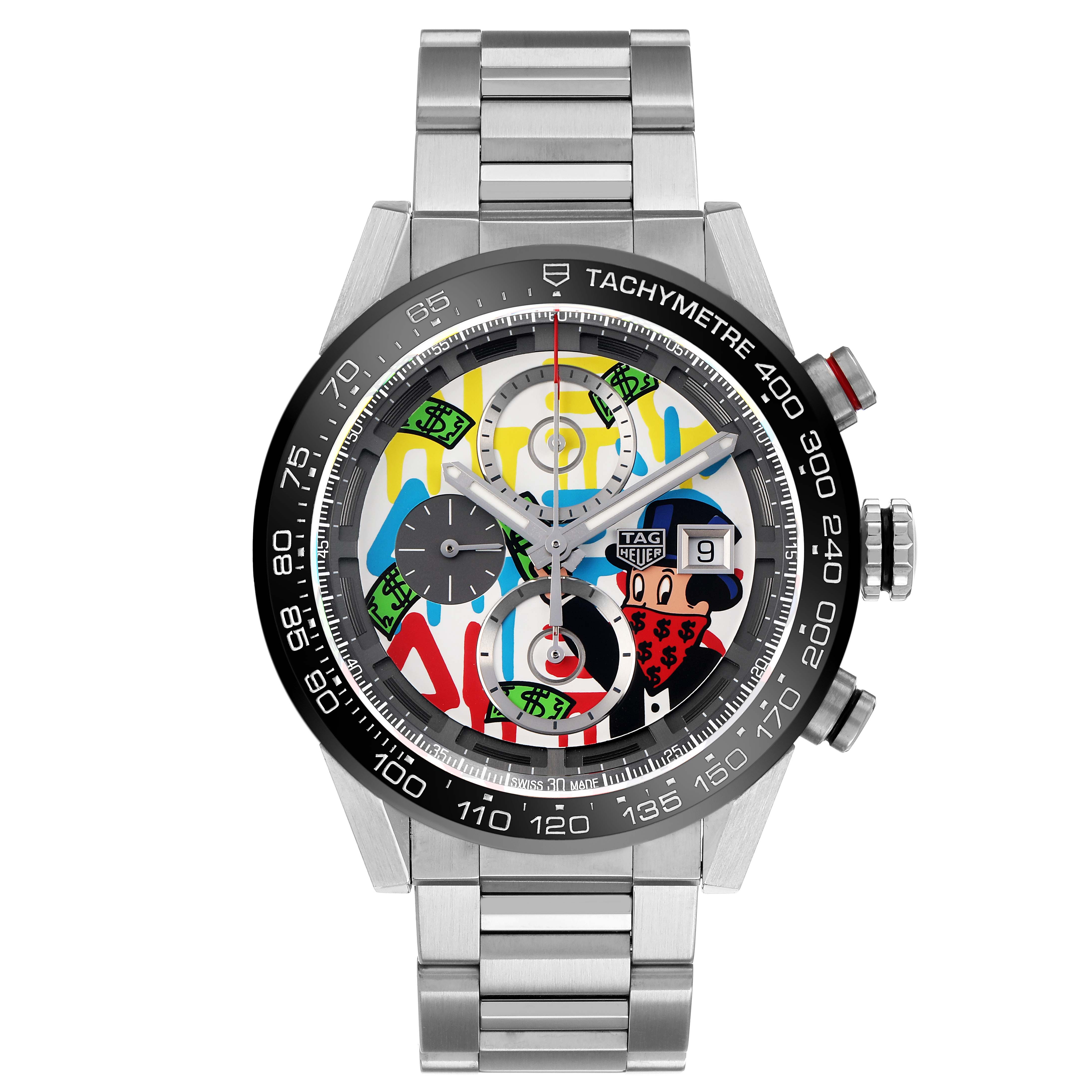 The Tag Heuer Carrera CAR201AA.BA0714 Men's Stainless Steel White Dial watch is shown from a front angle, highlighting its colorful dial, tachymeter bezel, and stainless steel bracelet.