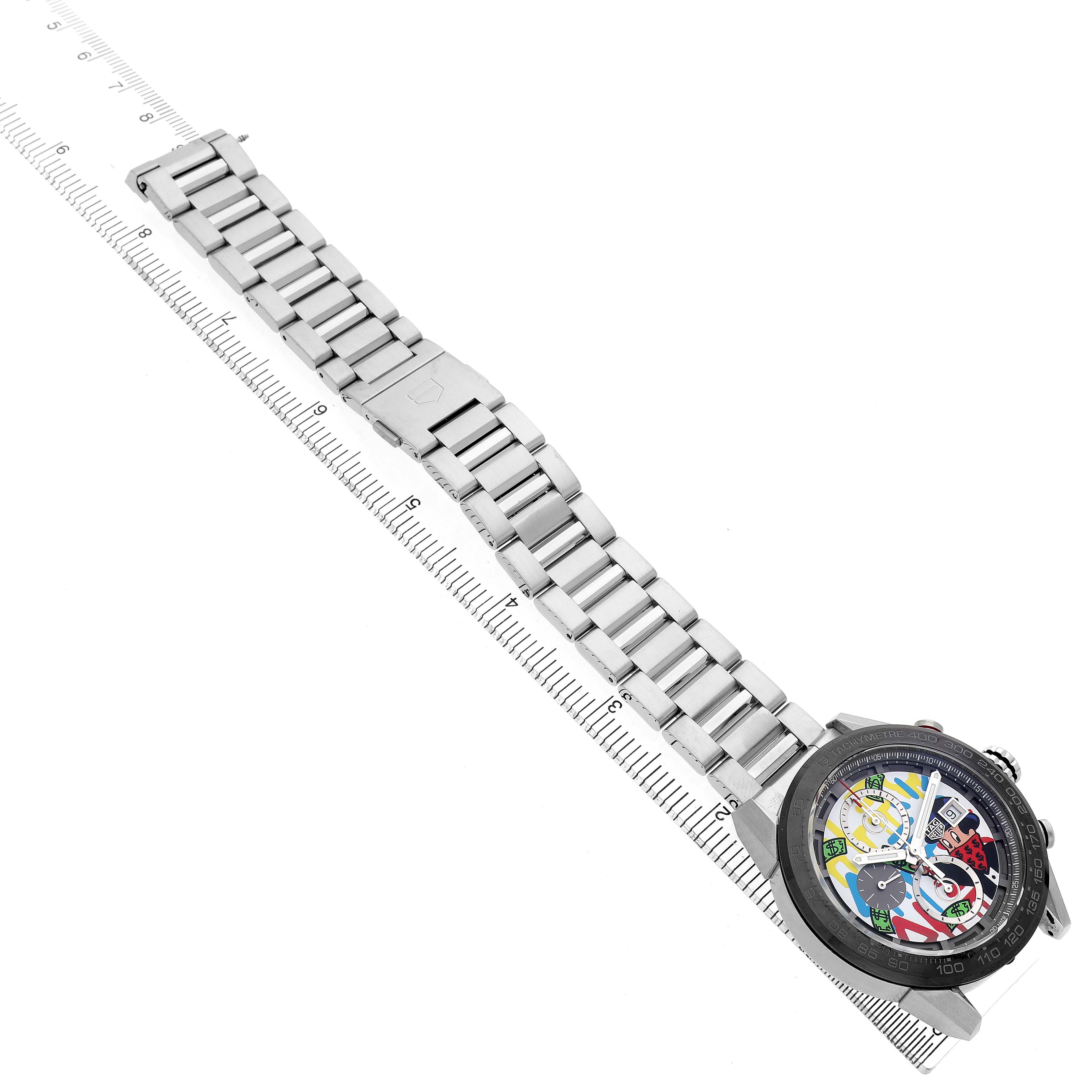 The image shows a side angle of the Tag Heuer Carrera CAR201AA.BA0714 Men's Stainless Steel White Dial watch with its full bracelet and vivid case-back design.