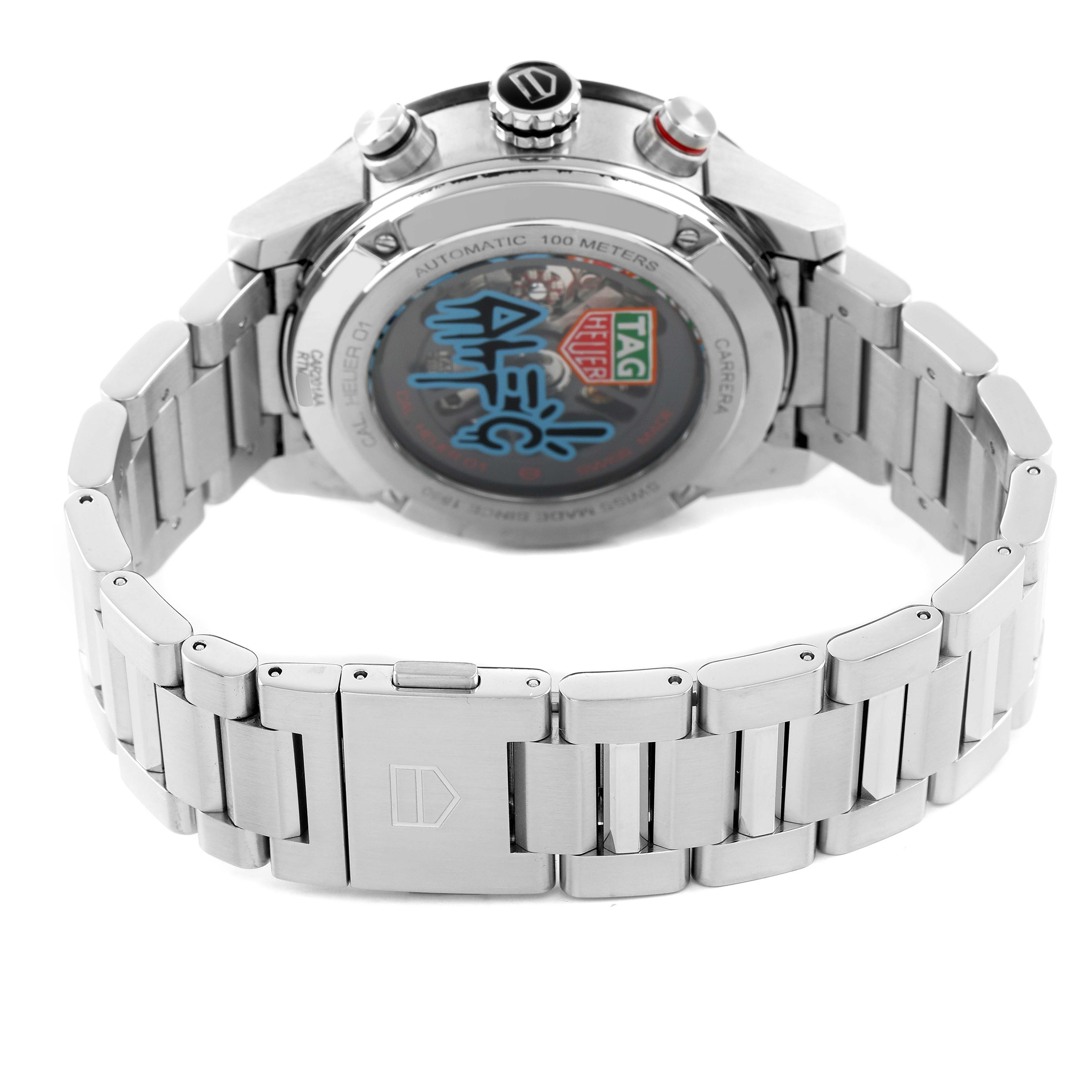 The image shows the back view of the Tag Heuer Carrera CAR201AA.BA0714 Men's Stainless Steel White Dial watch, displaying the case back and bracelet clasp.