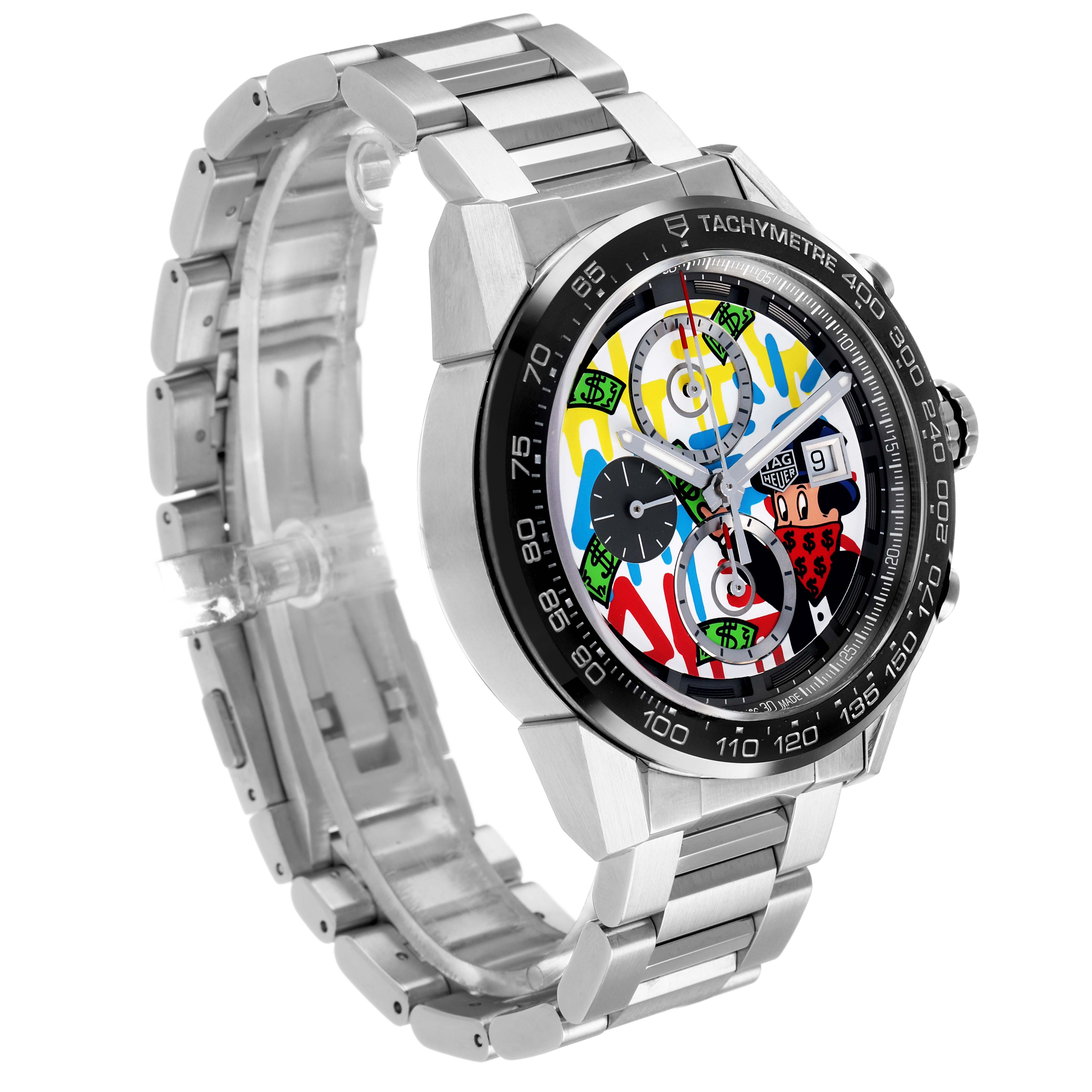 The Tag Heuer Carrera CAR201AA.BA0714 Men's Stainless Steel White Dial watch is shown in a three-quarter view, displaying the dial, bezel, and stainless steel bracelet.