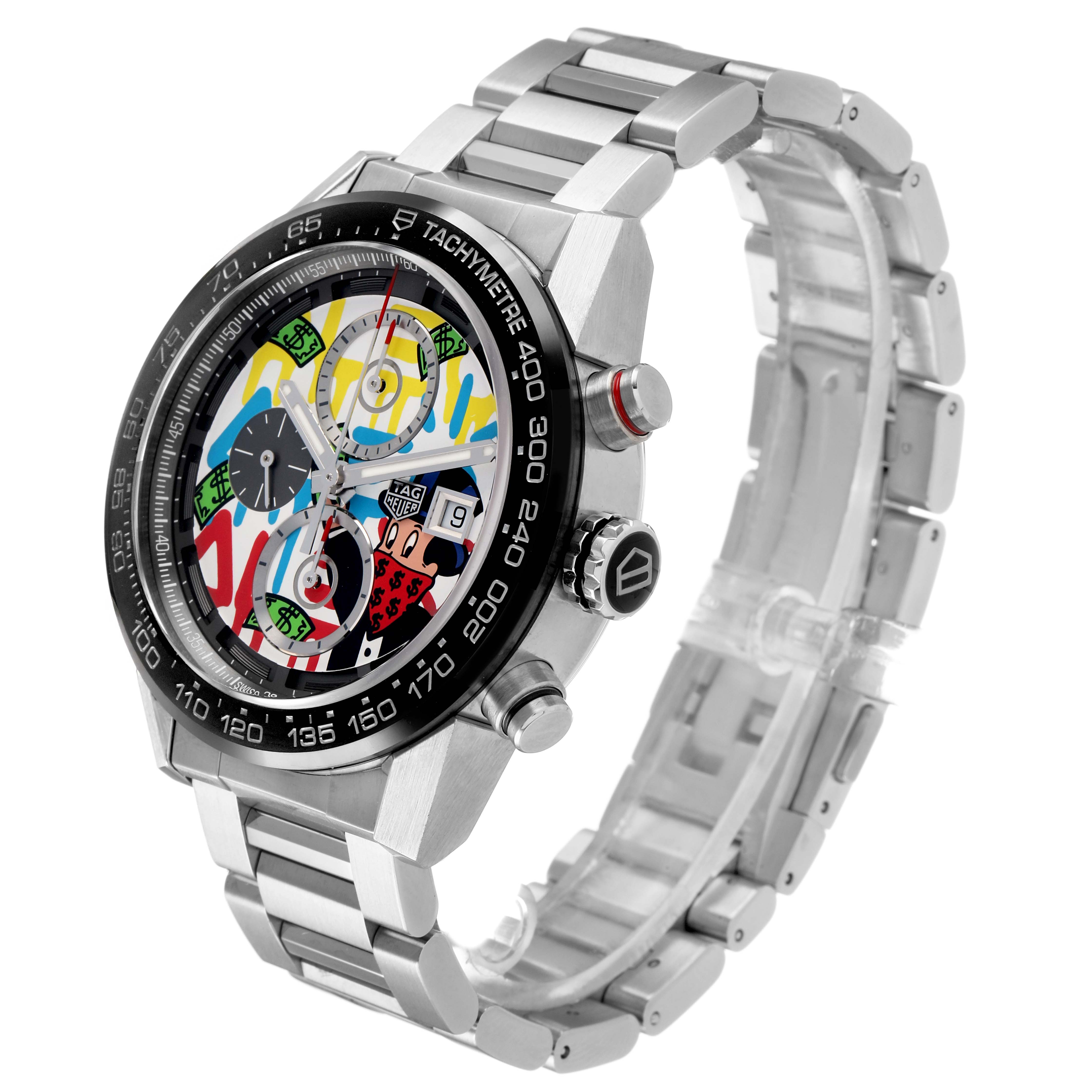 The Tag Heuer Carrera CAR201AA.BA0714 Men's Stainless Steel White Dial watch is shown at a three-quarter angle, highlighting the face, bezel, and metal bracelet.