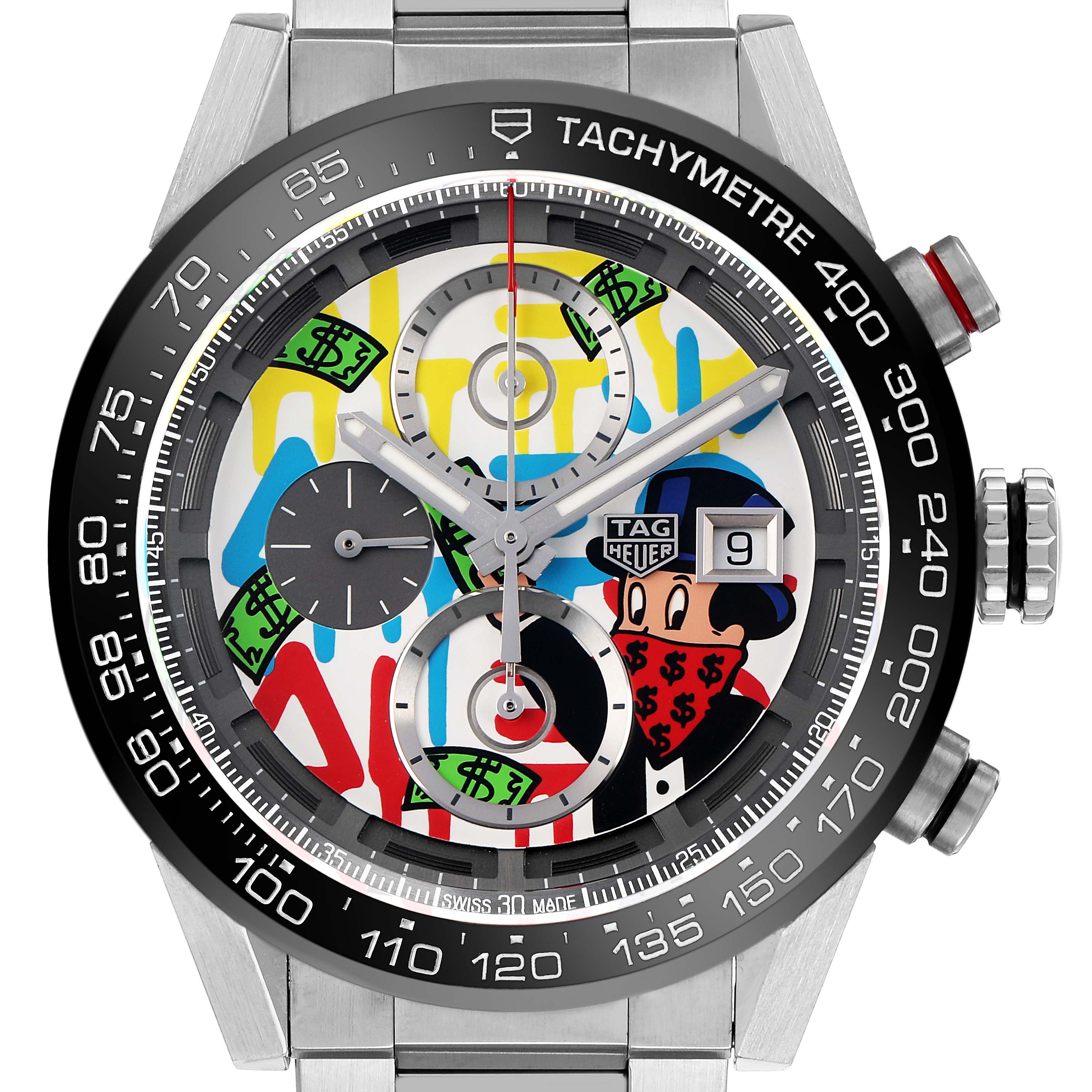 The Tag Heuer Carrera CAR201AA.BA0714 Men's Stainless Steel White Dial watch is shown from the front, displaying the dial, bezel, subdials, and crown details.