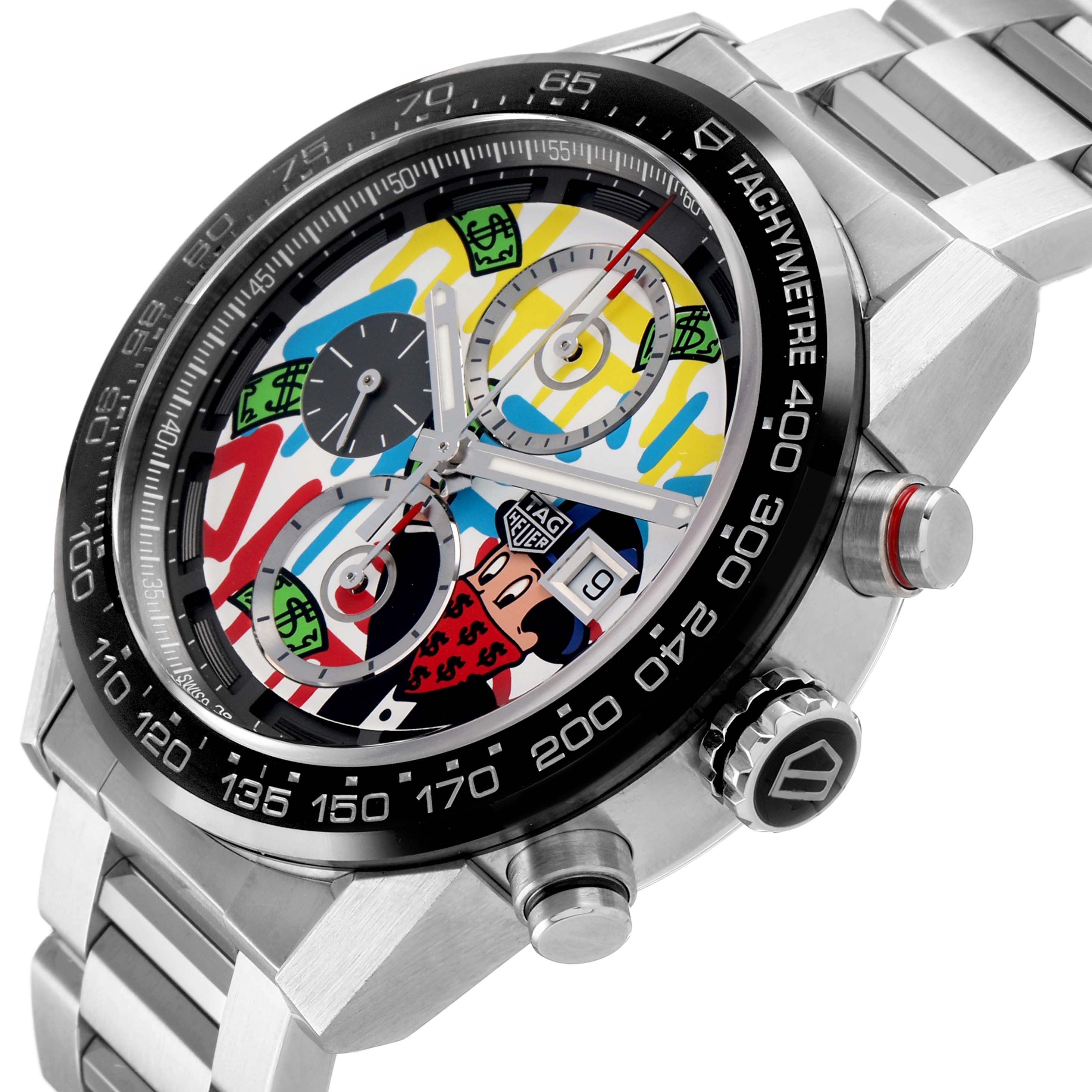 The Tag Heuer Carrera CAR201AA.BA0714 Men's Stainless Steel White Dial watch is shown at an angle highlighting the colorful dial, bezel, crown, pushers, and metal bracelet.