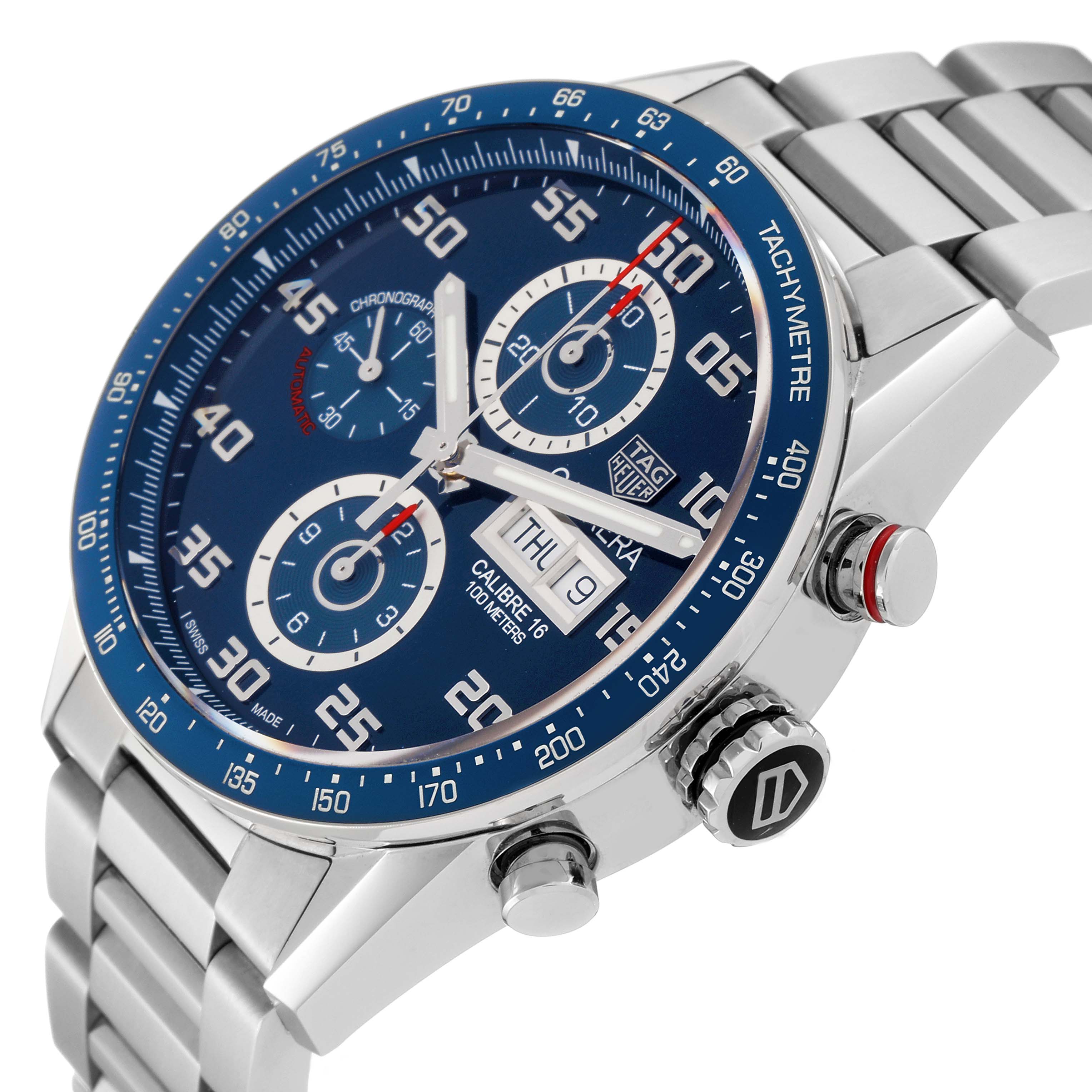 The Tag Heuer Carrera CV2A1V Men's Stainless Steel Blue Dial CV2A1V Men's Stainless Steel Blue Dial watch is shown at a slight side angle, highlighting the blue dial, chronograph, and metal bracelet.