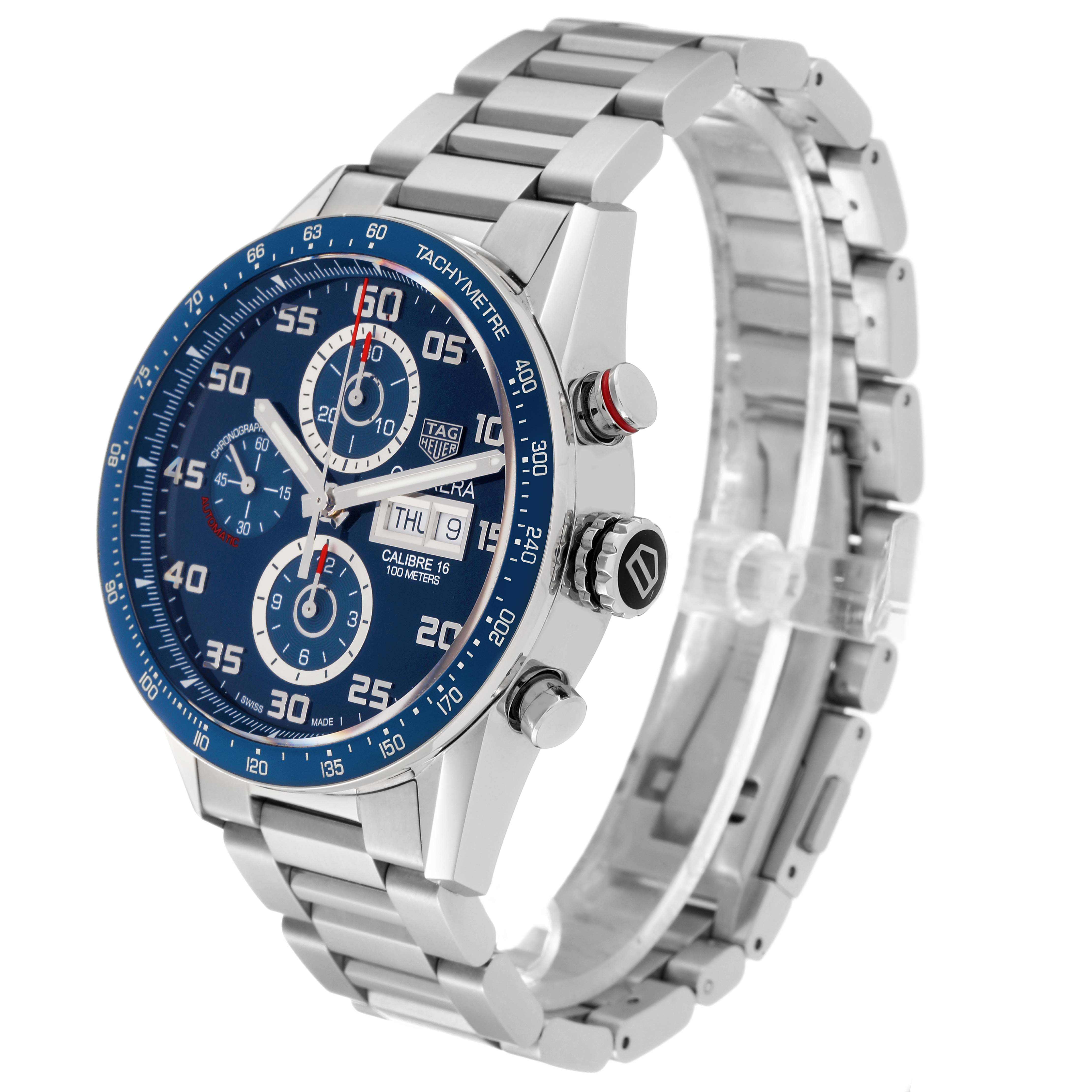 The image shows a Tag Heuer Carrera CV2A1V Men's Stainless Steel Blue Dial CV2A1V Men's Stainless Steel Blue Dial watch angled to display its blue dial, tachymeter bezel, and stainless steel band.