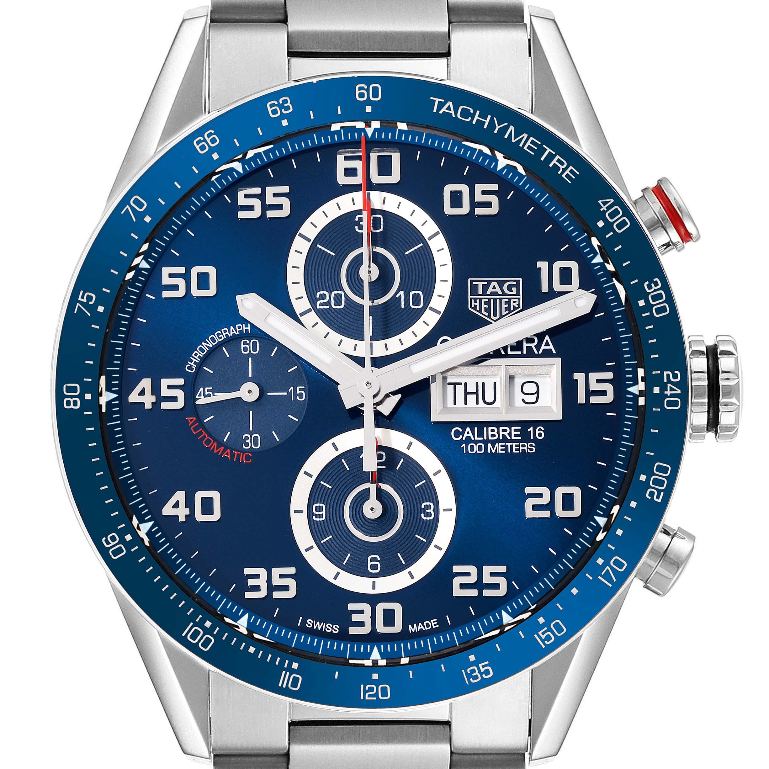The image shows a frontal view of the Tag Heuer Carrera CV2A1V Men's Stainless Steel Blue Dial CV2A1V Men's Stainless Steel Blue Dial model watch, highlighting the dial, bezel, and chronograph features.