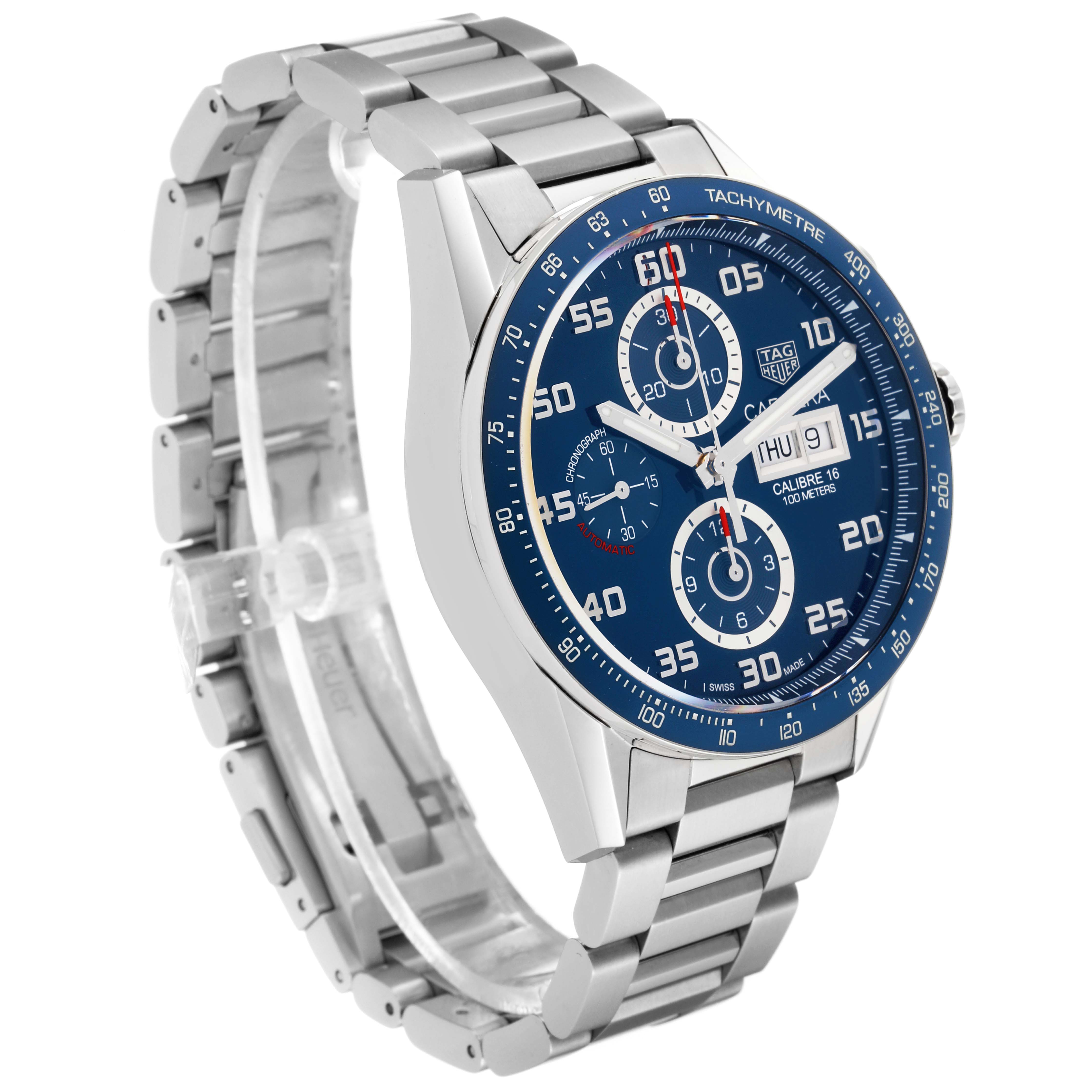 This Carrera model by Tag Heuer is shown at a three-quarter angle, displaying its blue dial, subdials, and silver bracelet.