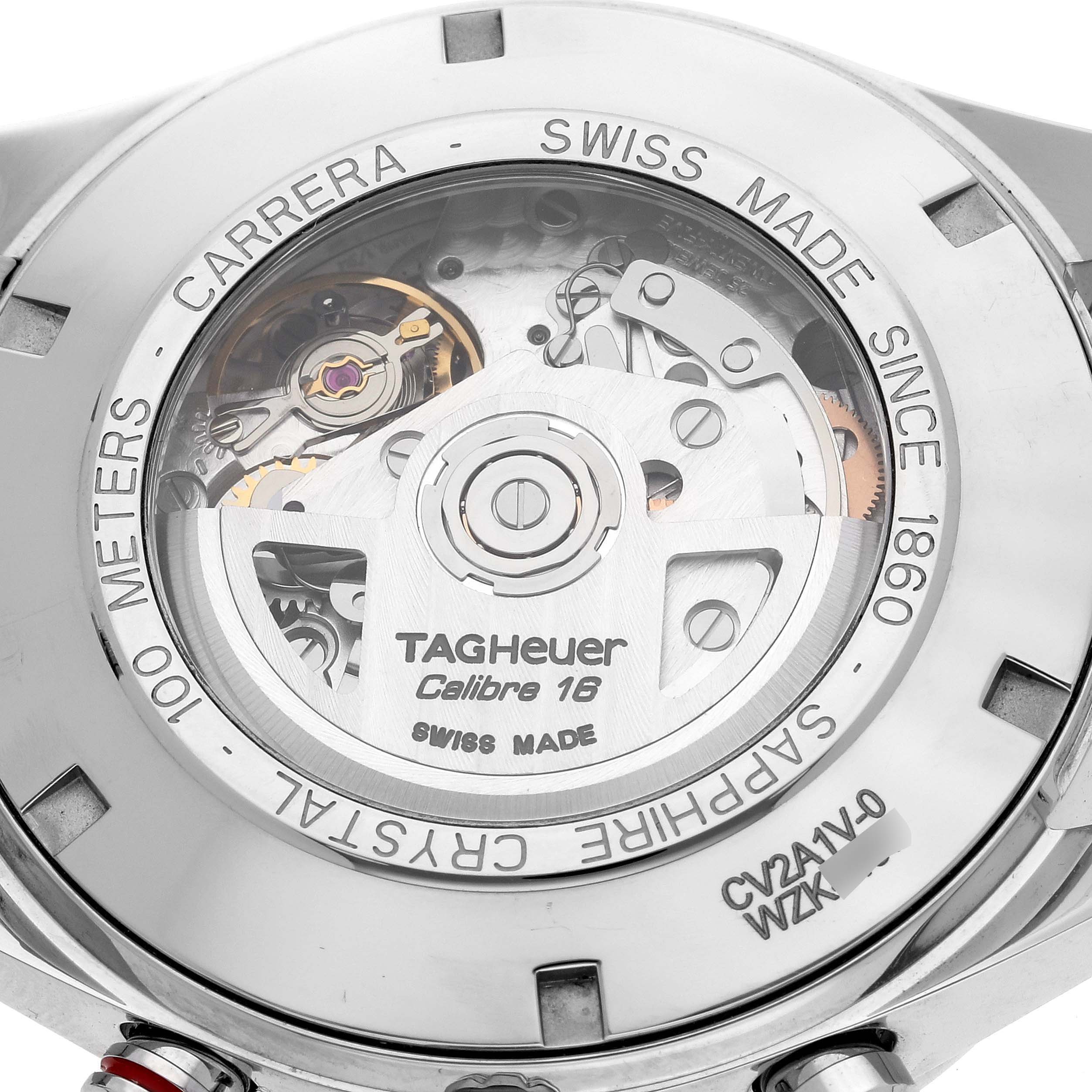 The image shows the case back of a Tag Heuer Carrera CV2A1V Men's Stainless Steel Blue Dial CV2A1V Men's Stainless Steel Blue Dial model, revealing its inner mechanism and inscriptions.